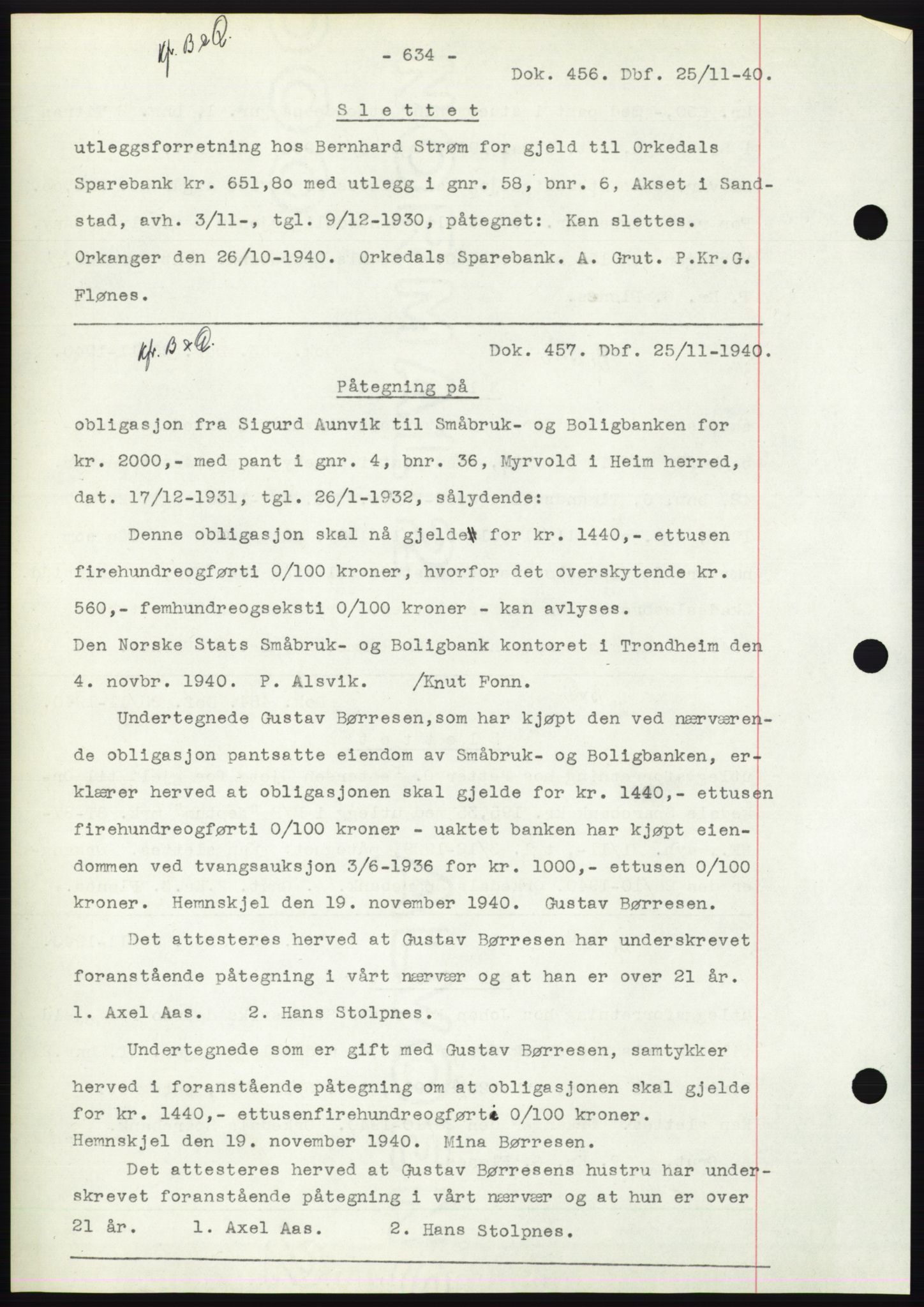 Hitra sorenskriveri, AV/SAT-A-0018/2/2C/2Ca: Mortgage book no. C1, 1936-1945, Diary no: : 456/1940