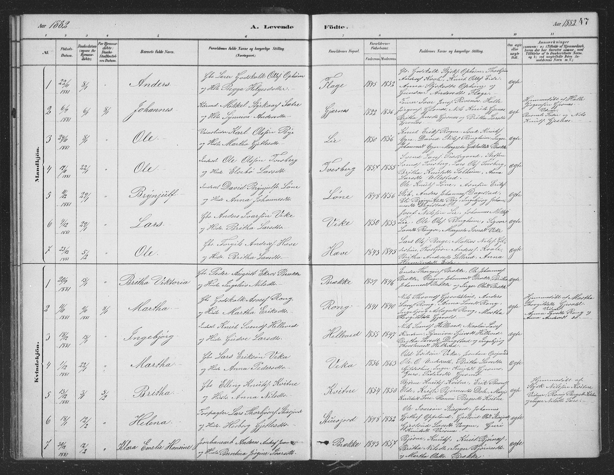 Voss sokneprestembete, SAB/A-79001/H/Hab: Parish register (copy) no. B 3, 1879-1894, p. 47