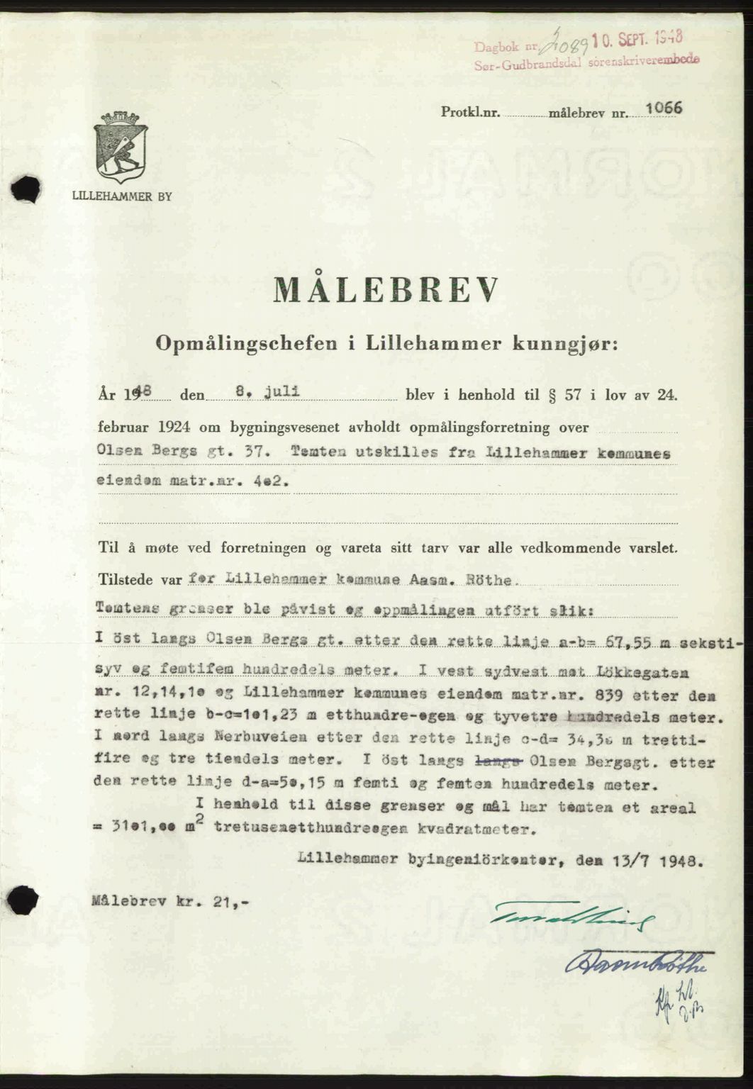 Sør-Gudbrandsdal tingrett, SAH/TING-004/H/Hb/Hbd/L0022: Mortgage book no. A22, 1948-1948, Diary no: : 2089/1948