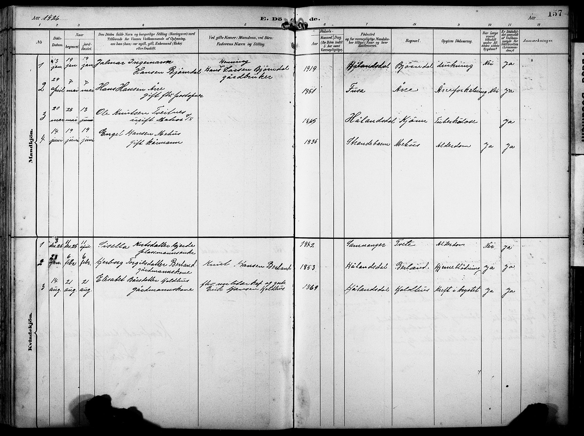 Fusa sokneprestembete, SAB/A-75401/H/Hab: Parish register (copy) no. B 2, 1897-1930, p. 157