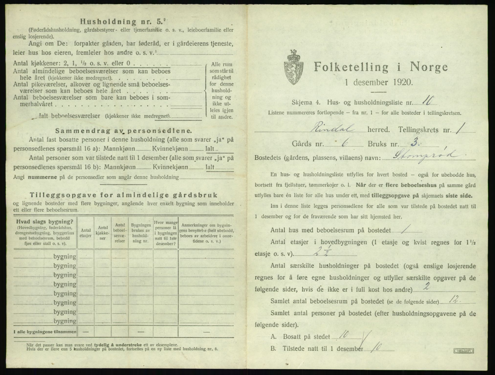 SAT, 1920 census for Rindal, 1920, p. 58