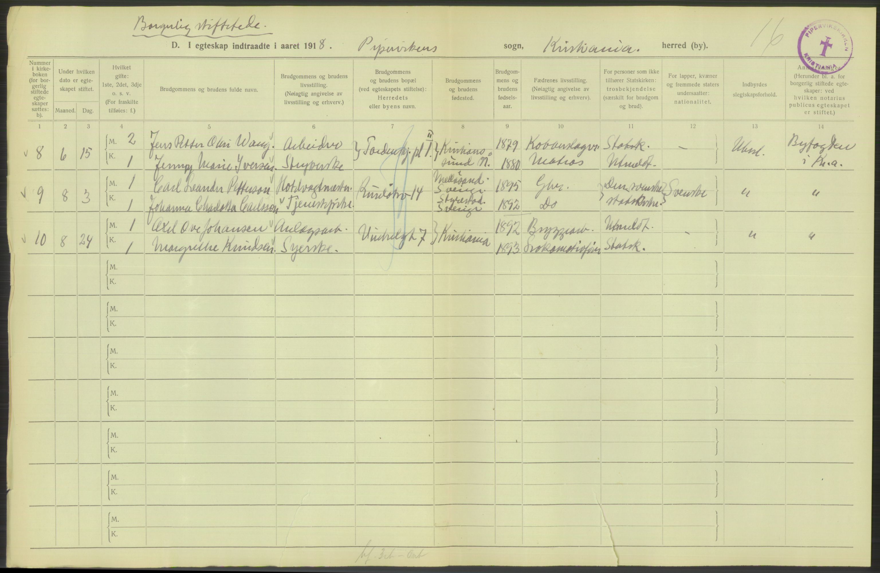 Statistisk sentralbyrå, Sosiodemografiske emner, Befolkning, AV/RA-S-2228/D/Df/Dfb/Dfbh/L0009: Kristiania: Gifte, 1918, p. 1094