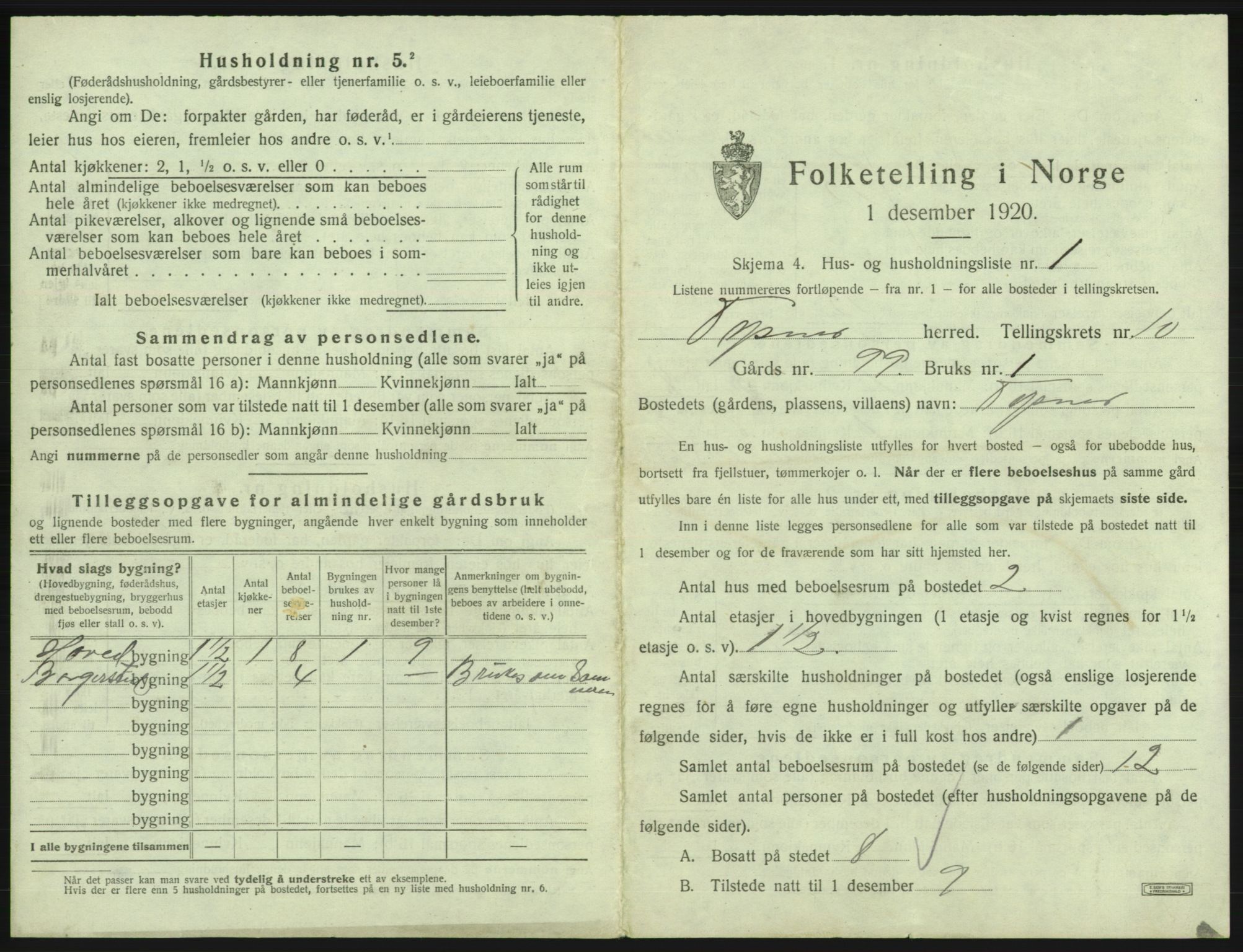 SAB, 1920 census for Tysnes, 1920, p. 987