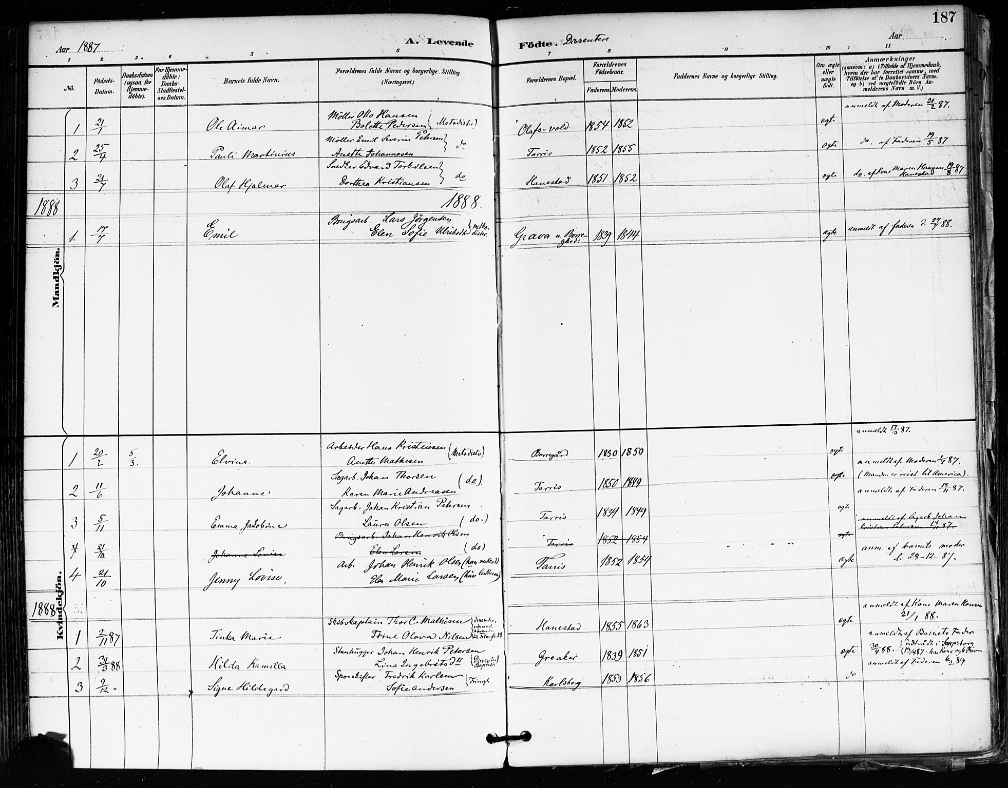 Tune prestekontor Kirkebøker, SAO/A-2007/F/Fa/L0018: Parish register (official) no. 18, 1887-1898, p. 187