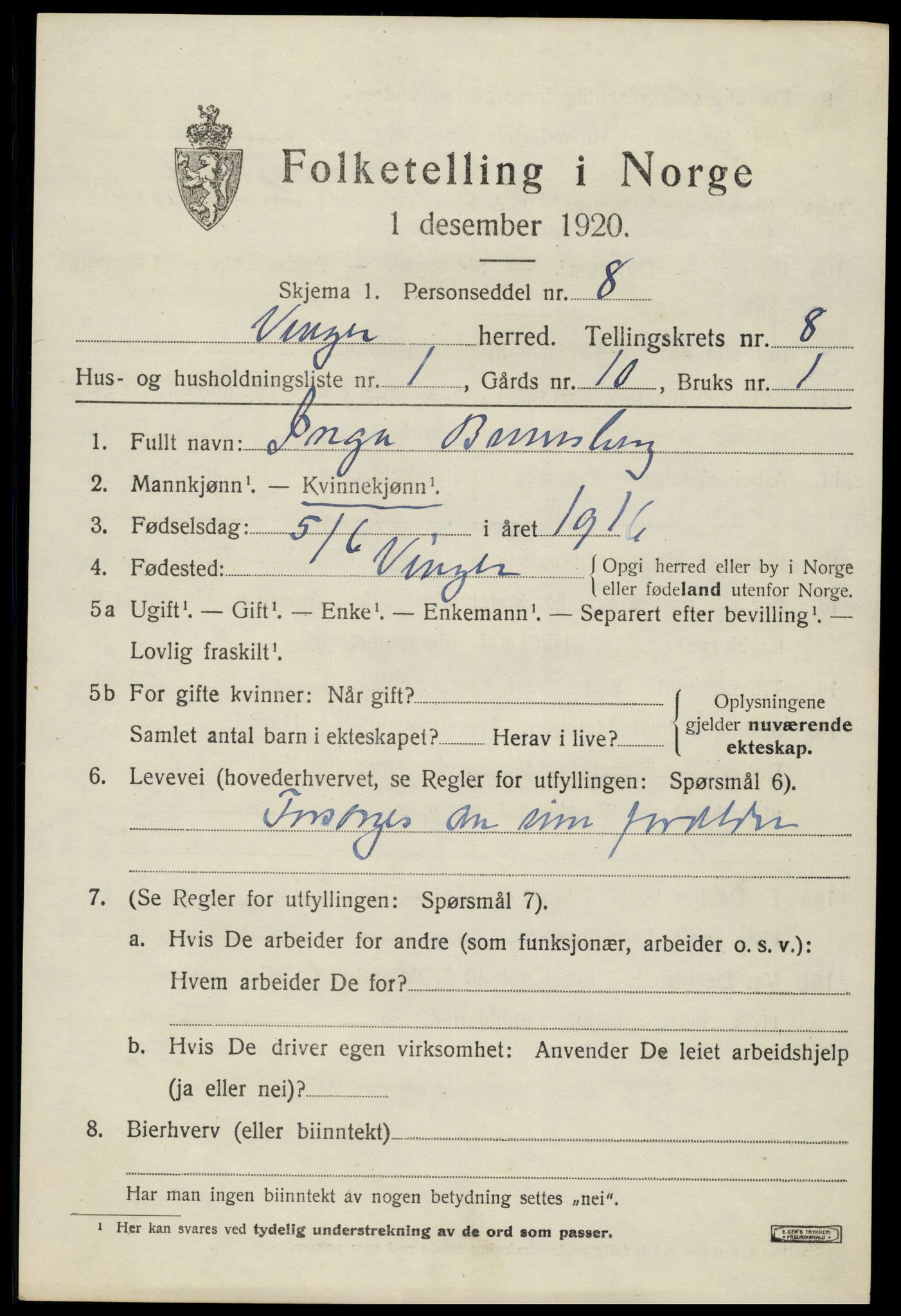 SAH, 1920 census for Vinger, 1920, p. 6976