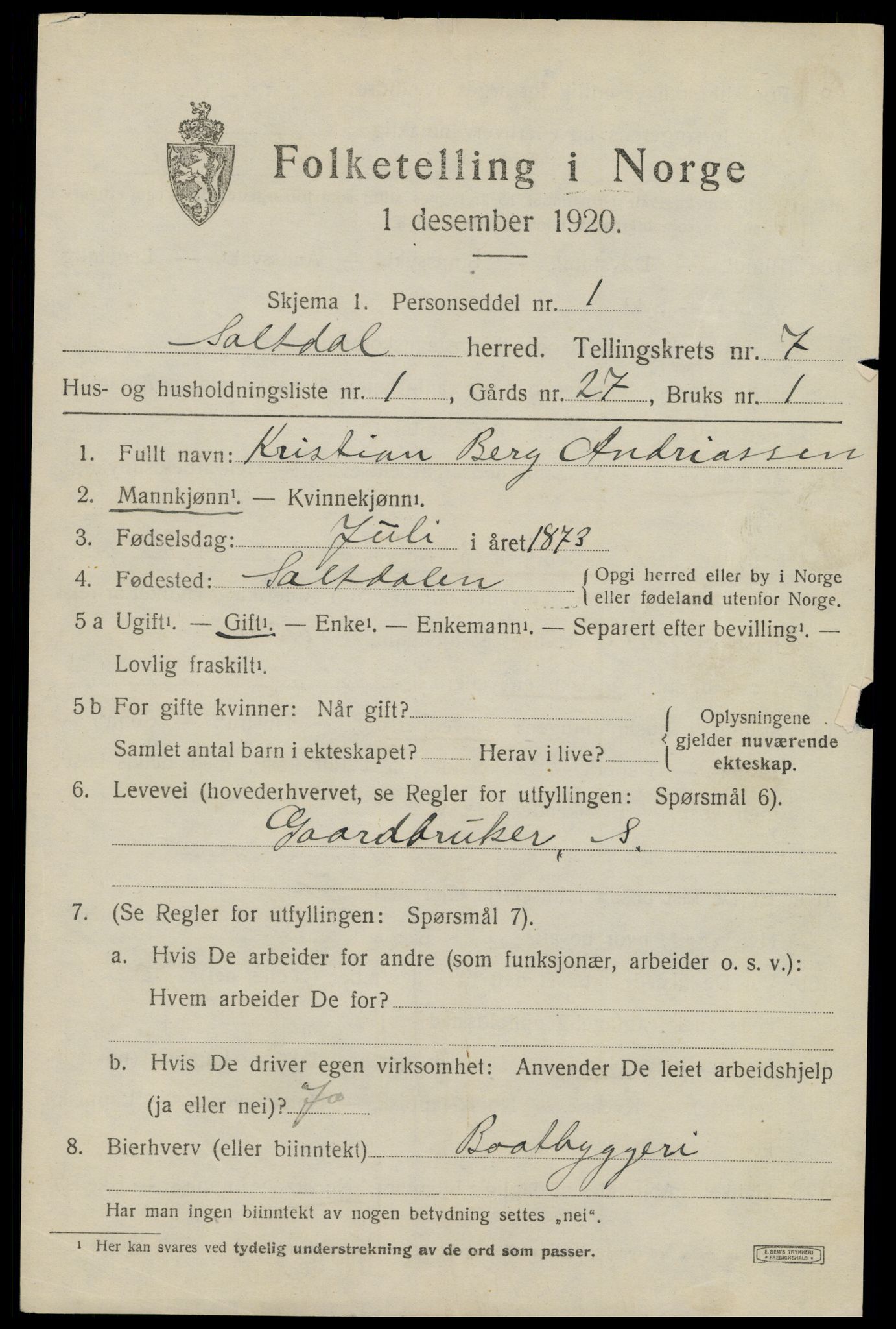 SAT, 1920 census for Saltdal, 1920, p. 7803