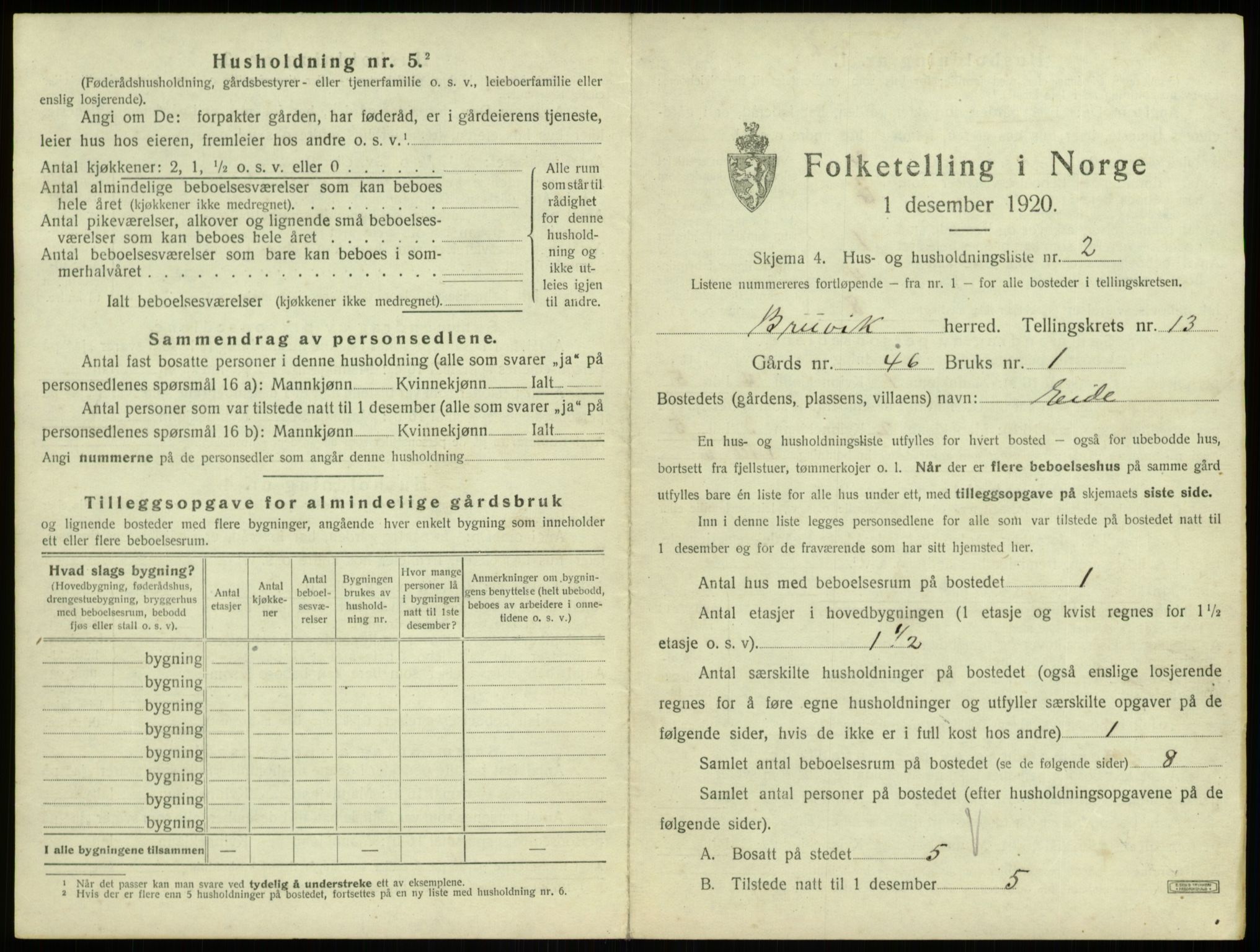 SAB, 1920 census for Bruvik, 1920, p. 885