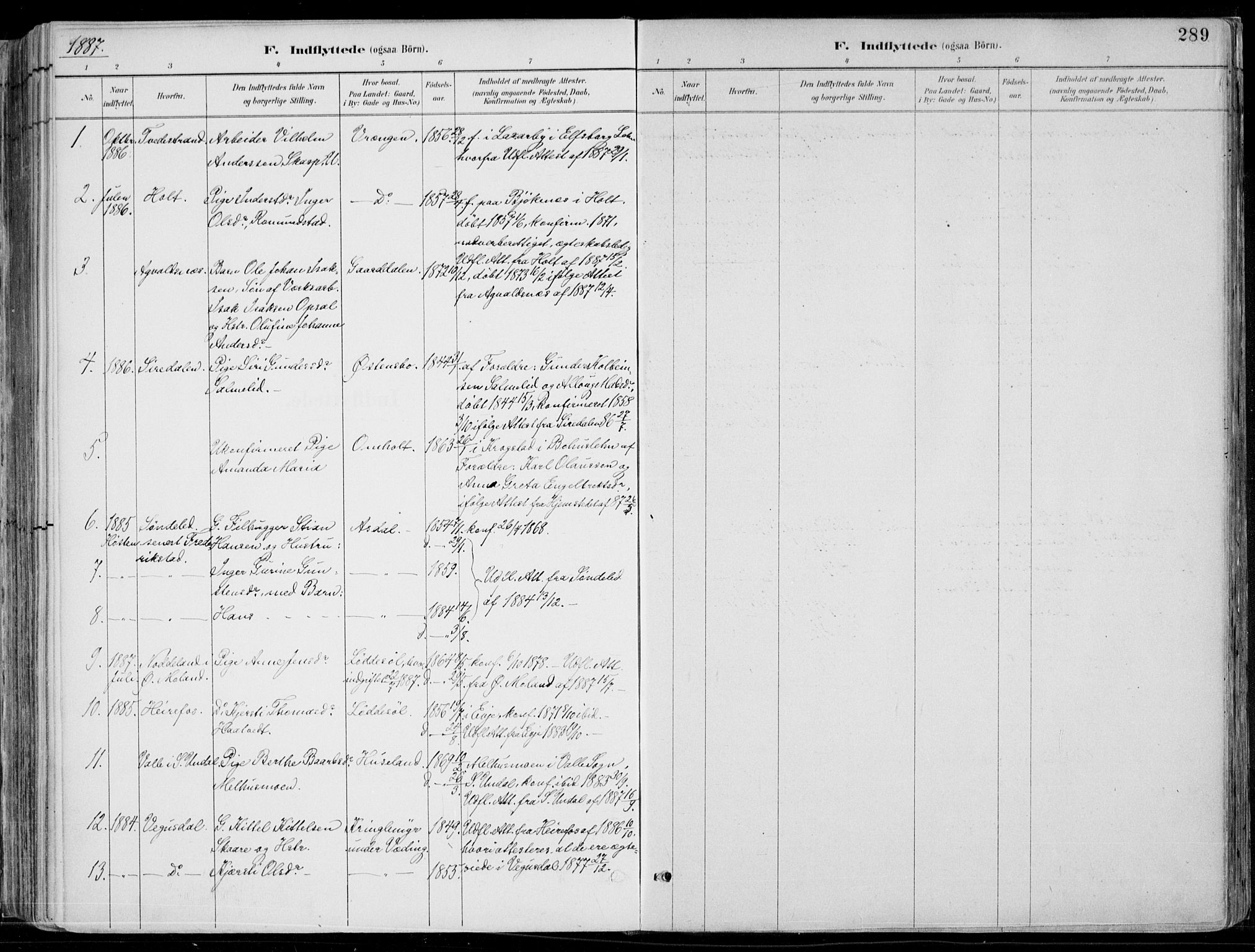 Øyestad sokneprestkontor, SAK/1111-0049/F/Fa/L0017: Parish register (official) no. A 17, 1887-1896, p. 289