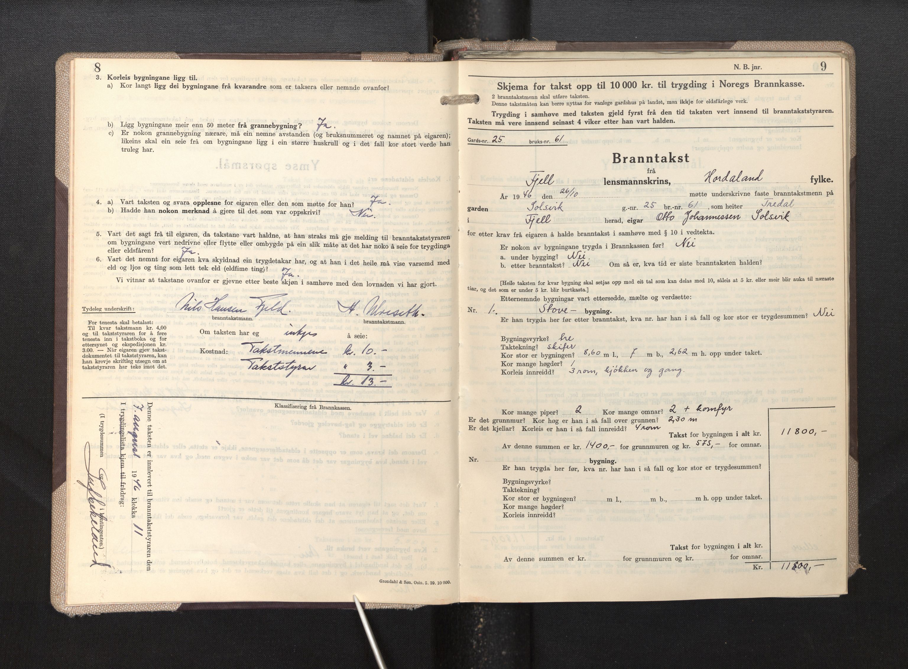 Lensmannen i Fjell, SAB/A-32301/0012/L0007: Branntakstprotokoll, skjematakst, 1946-1955, p. 8-9