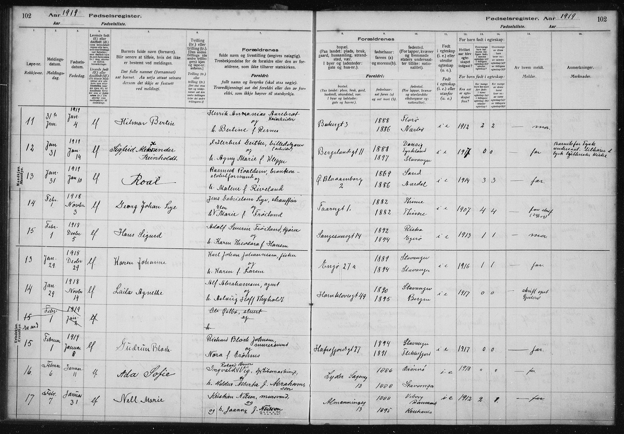 St. Petri sokneprestkontor, SAST/A-101813/002/A/L0001: Birth register no. 1, 1916-1922, p. 102