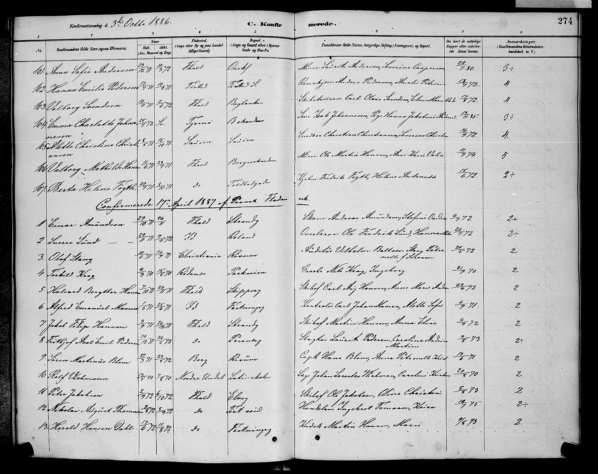 Halden prestekontor Kirkebøker, SAO/A-10909/G/Ga/L0008: Parish register (copy) no. 8, 1885-1899, p. 274