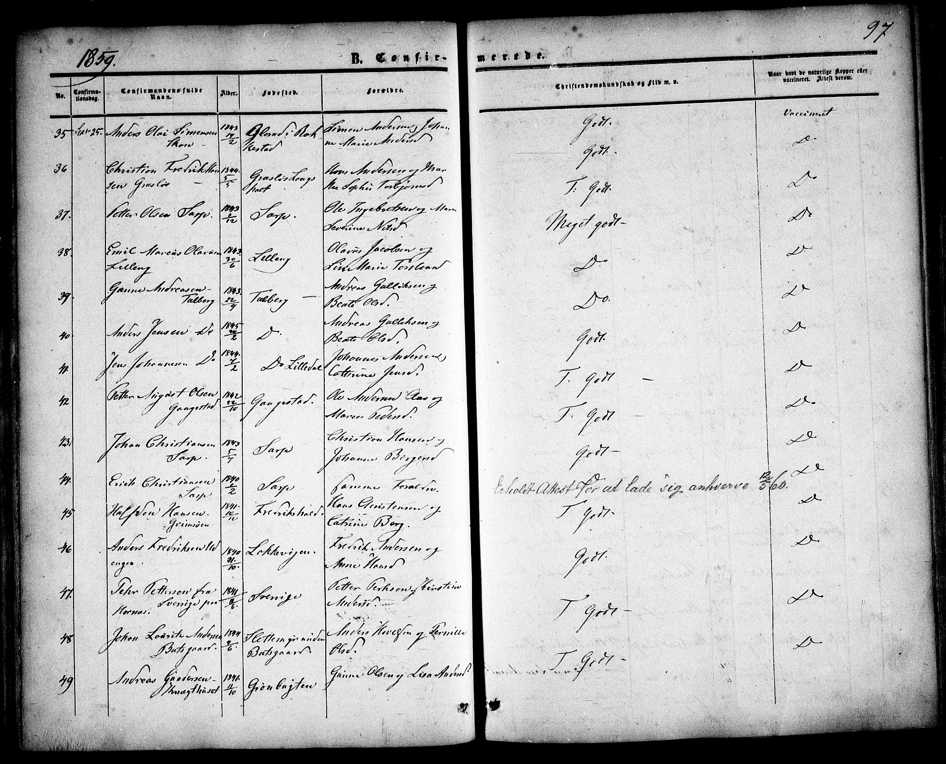 Skjeberg prestekontor Kirkebøker, SAO/A-10923/F/Fa/L0007: Parish register (official) no. I 7, 1859-1868, p. 97