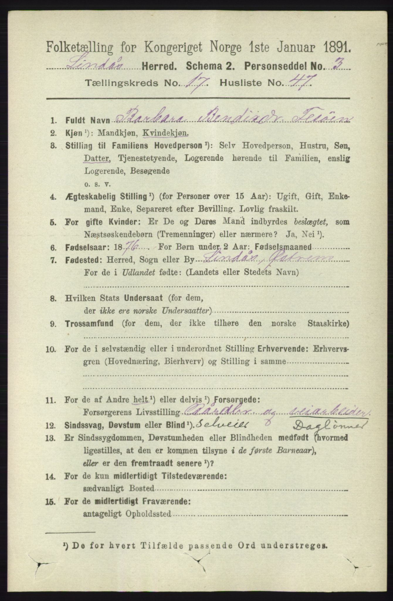 RA, 1891 census for 1263 Lindås, 1891, p. 6456