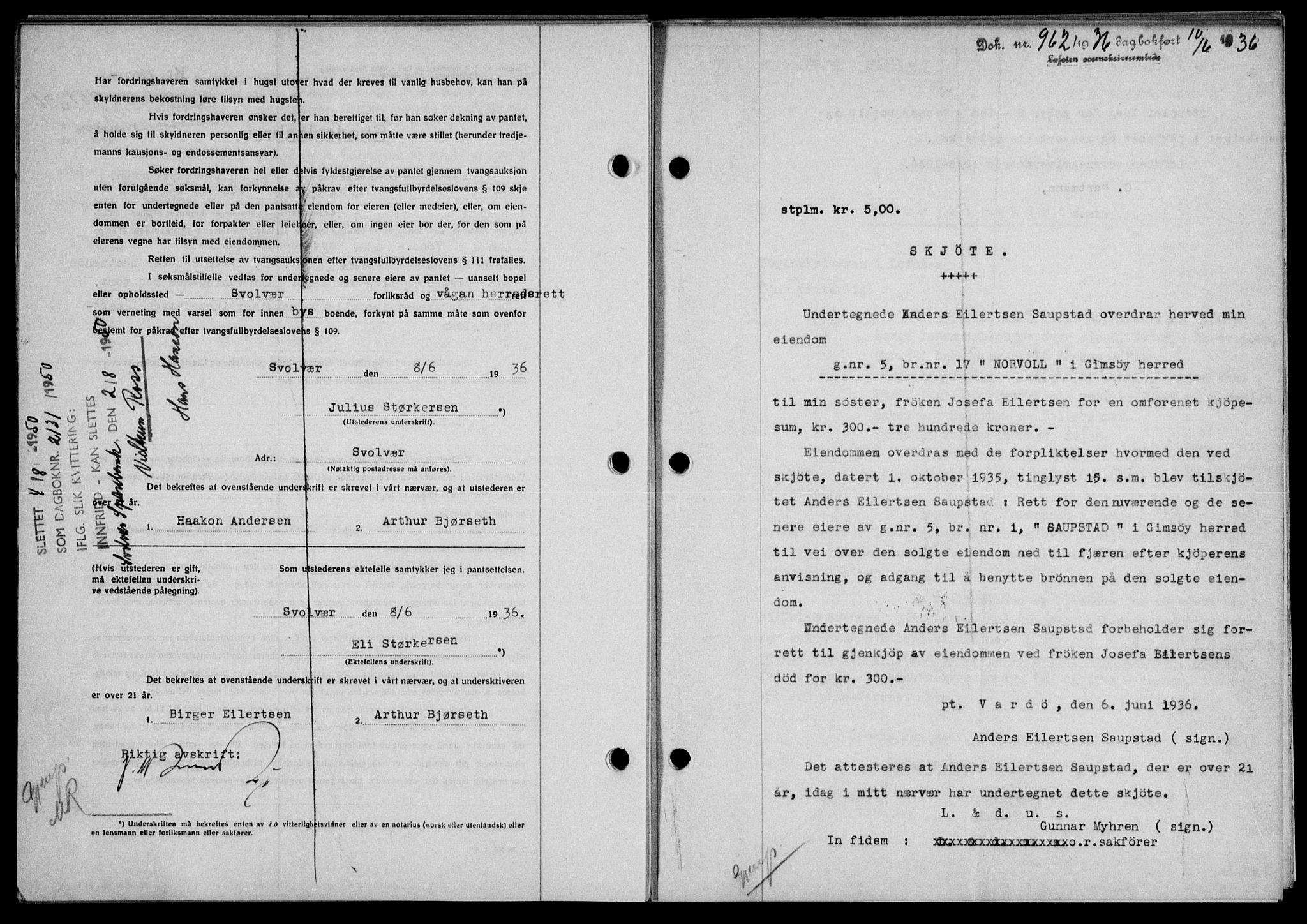 Lofoten sorenskriveri, SAT/A-0017/1/2/2C/L0033b: Mortgage book no. 33b, 1936-1936, Diary no: : 962/1936