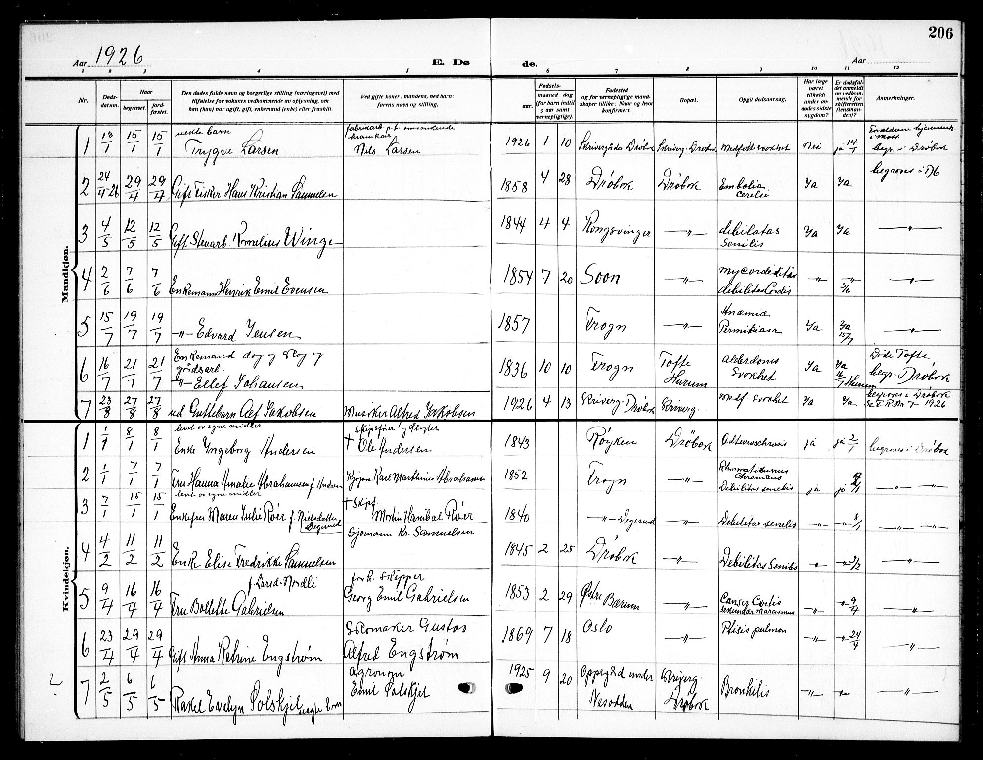 Drøbak prestekontor Kirkebøker, SAO/A-10142a/G/Ga/L0002: Parish register (copy) no. I 2, 1917-1932, p. 206