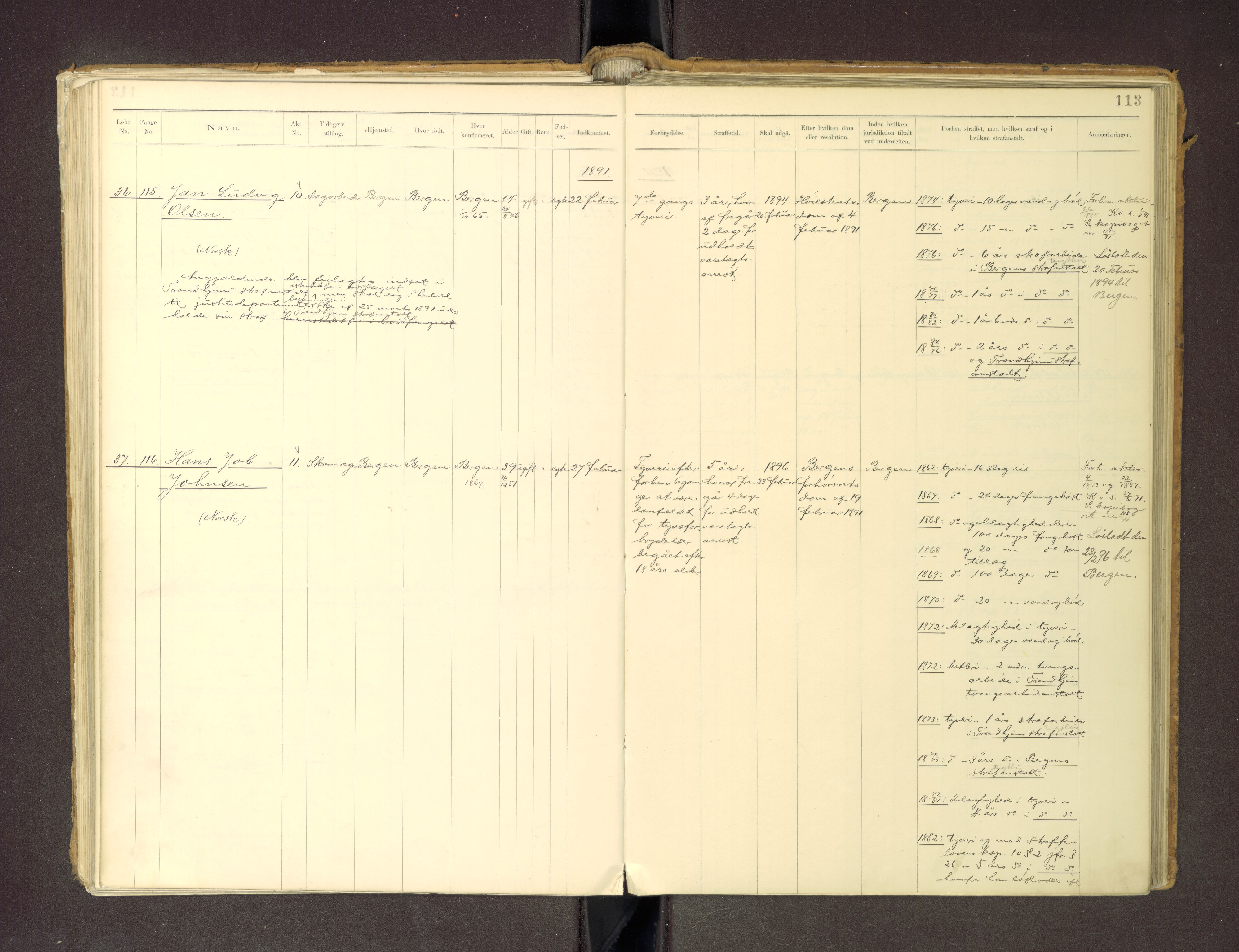 Trondheim tukthus, AV/SAT-A-4619/05/65/L0036: 65.36 Fangeprotokoll m/reg, 1885-1898, p. 113