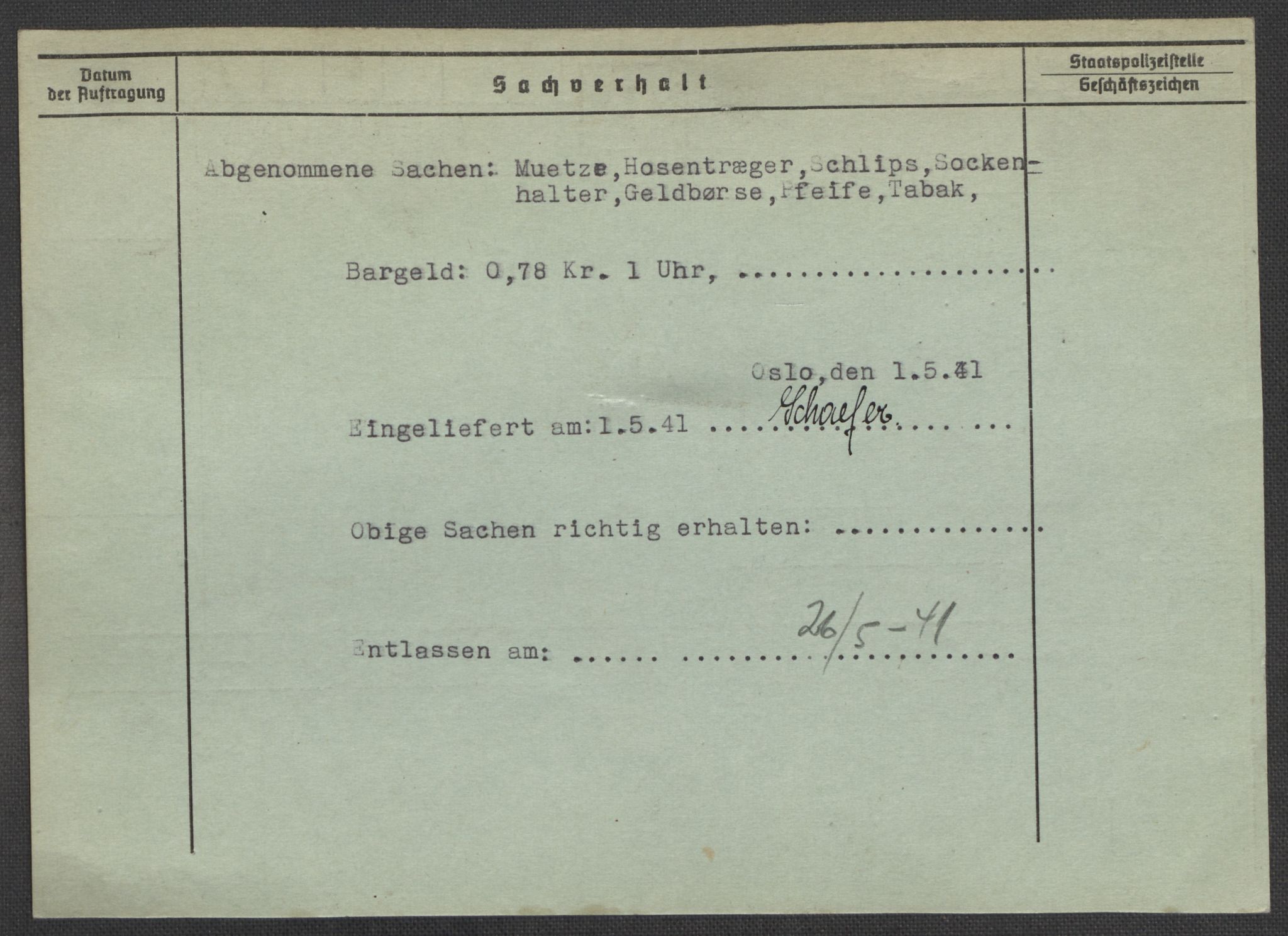 Befehlshaber der Sicherheitspolizei und des SD, RA/RAFA-5969/E/Ea/Eaa/L0003: Register over norske fanger i Møllergata 19: Eng-Hag, 1940-1945, p. 1357