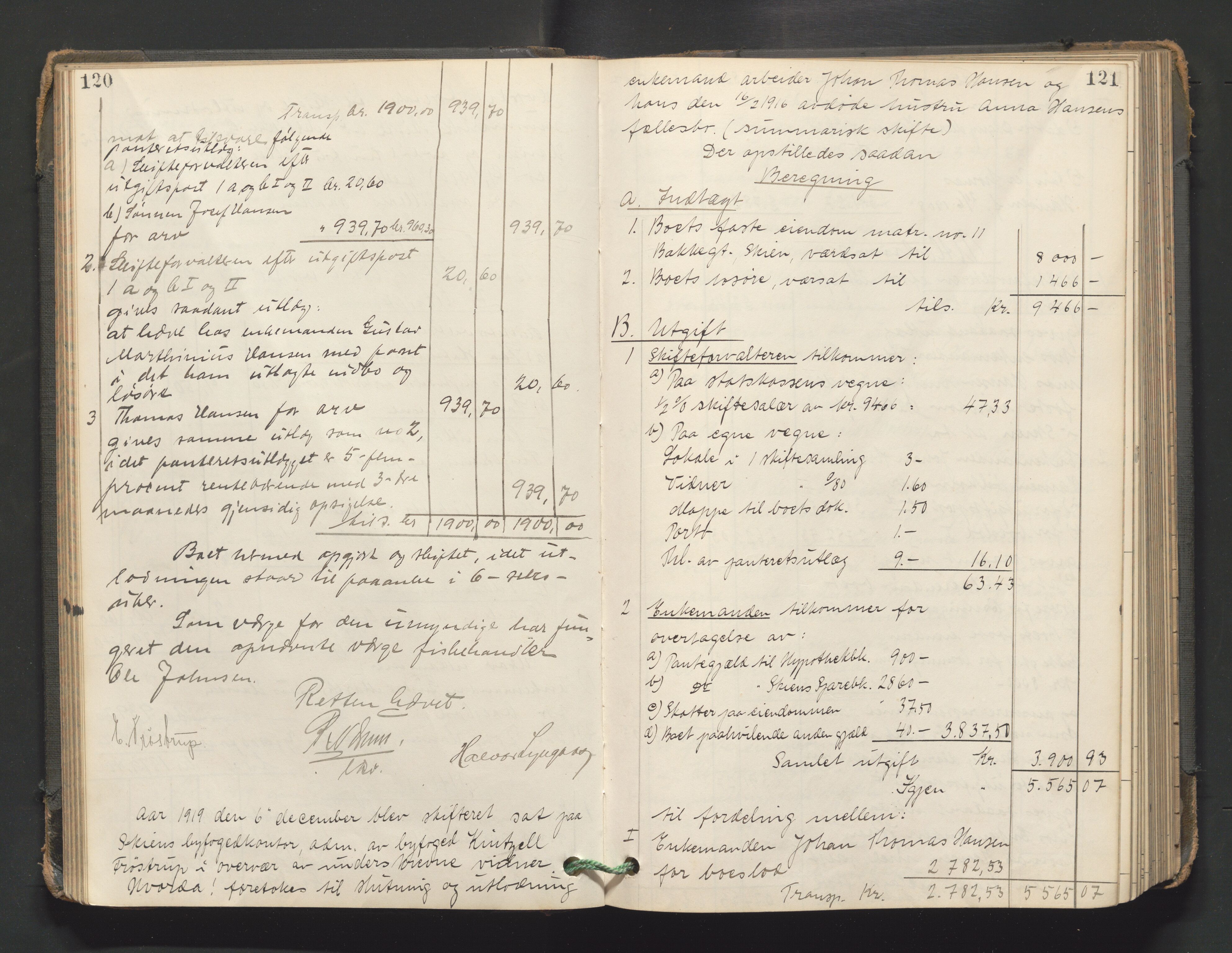 Skien byfogd, AV/SAKO-A-219/H/He/L0004: Skifteutlodningsprotokoll, 1915-1925, p. 120-121