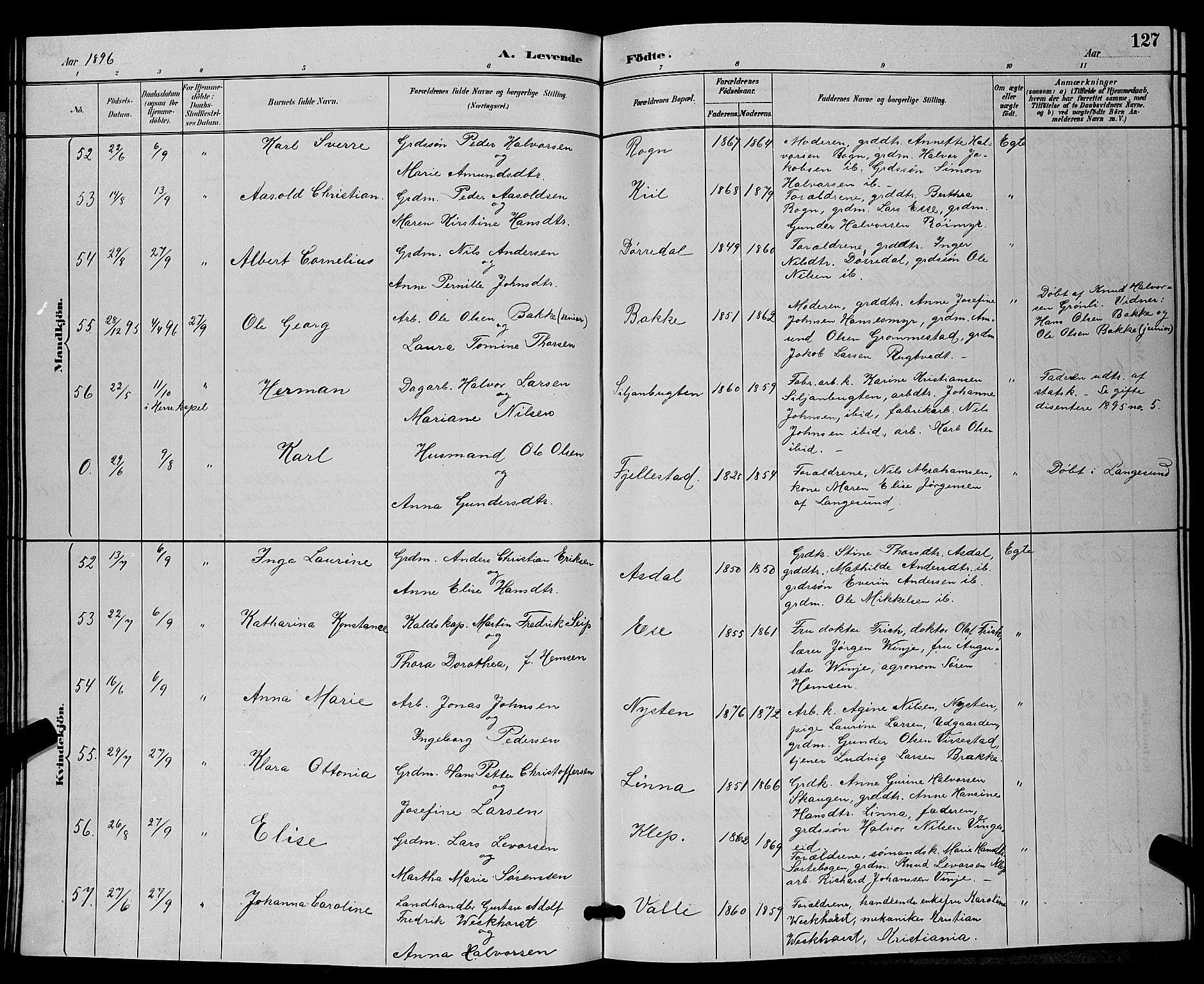 Bamble kirkebøker, AV/SAKO-A-253/G/Ga/L0009: Parish register (copy) no. I 9, 1888-1900, p. 127