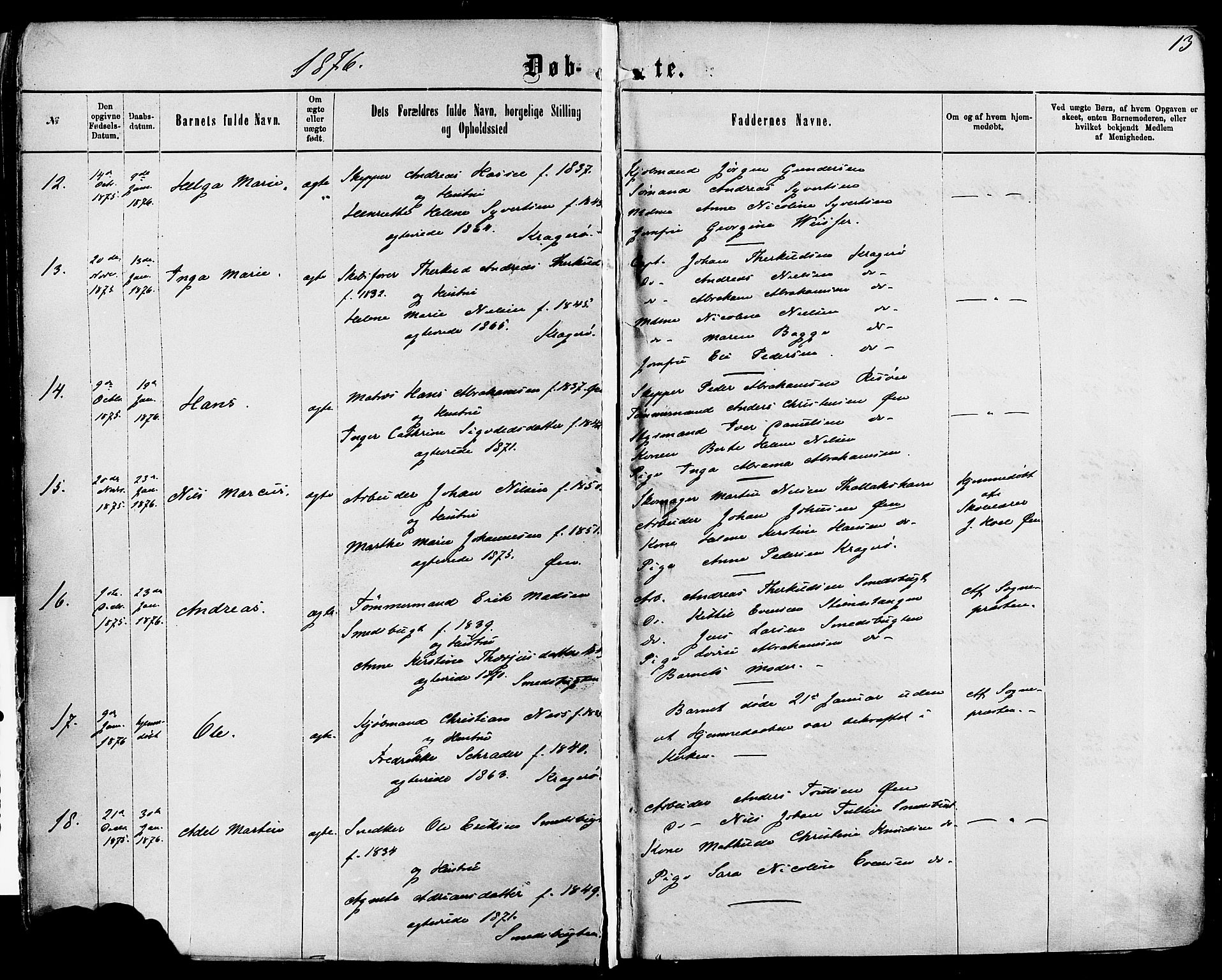 Kragerø kirkebøker, SAKO/A-278/F/Fa/L0011: Parish register (official) no. 11, 1875-1886, p. 13