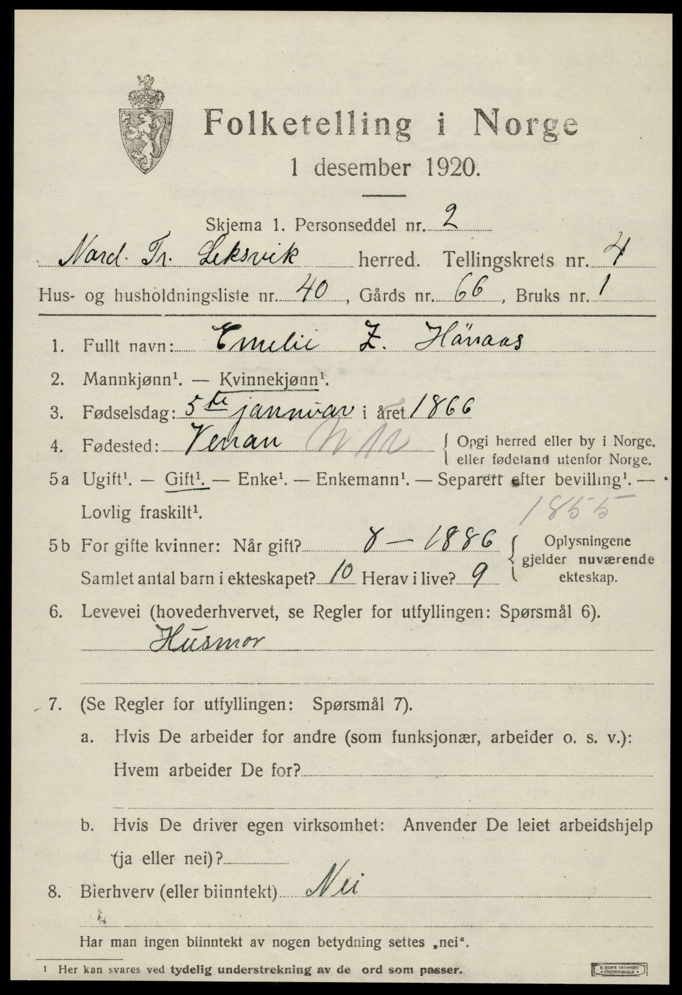 SAT, 1920 census for Leksvik, 1920, p. 4010