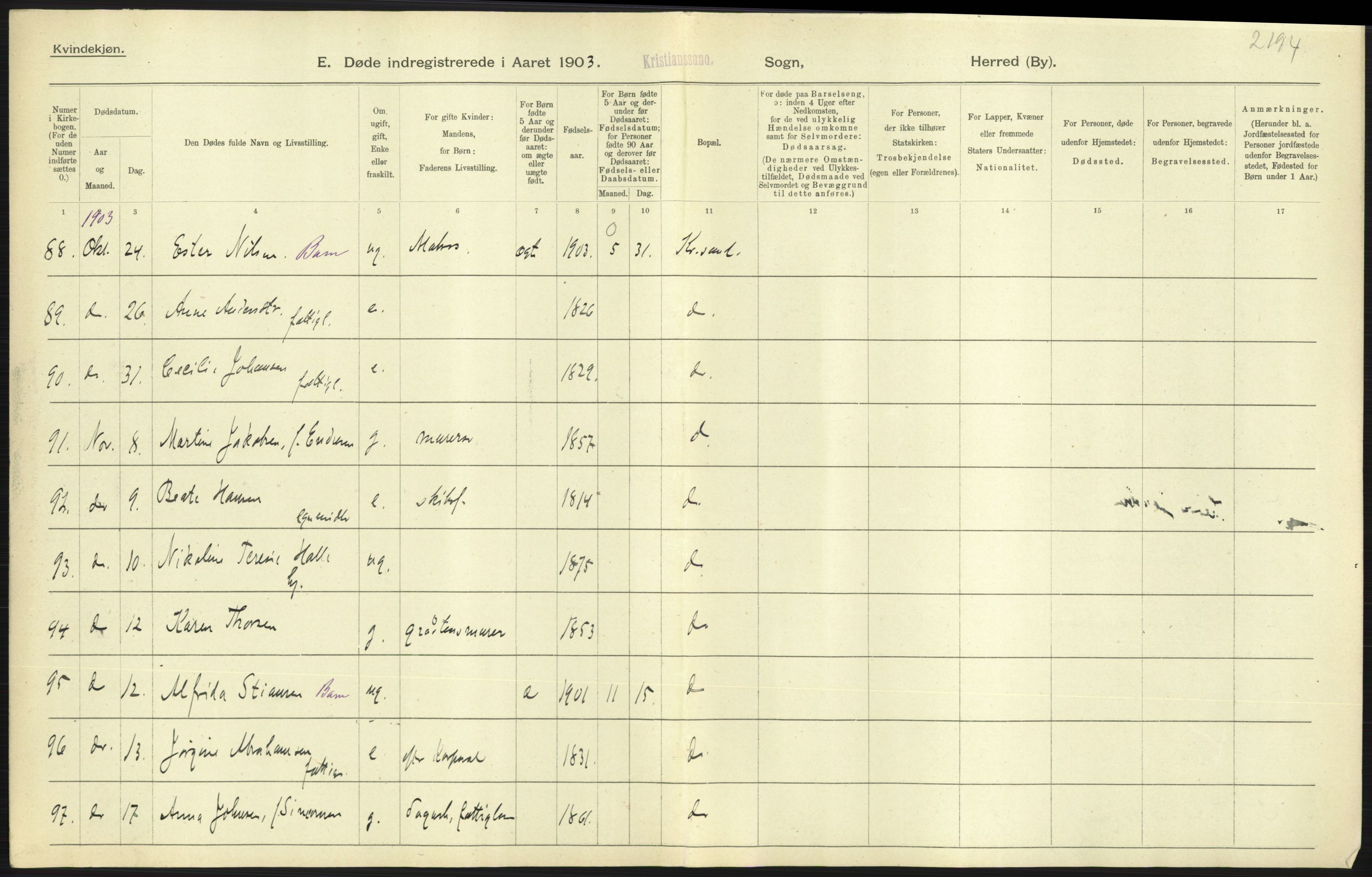 Statistisk sentralbyrå, Sosiodemografiske emner, Befolkning, AV/RA-S-2228/D/Df/Dfa/Dfaa/L0011: Lister og Mandal amt: Fødte, gifte, døde, 1903, p. 533