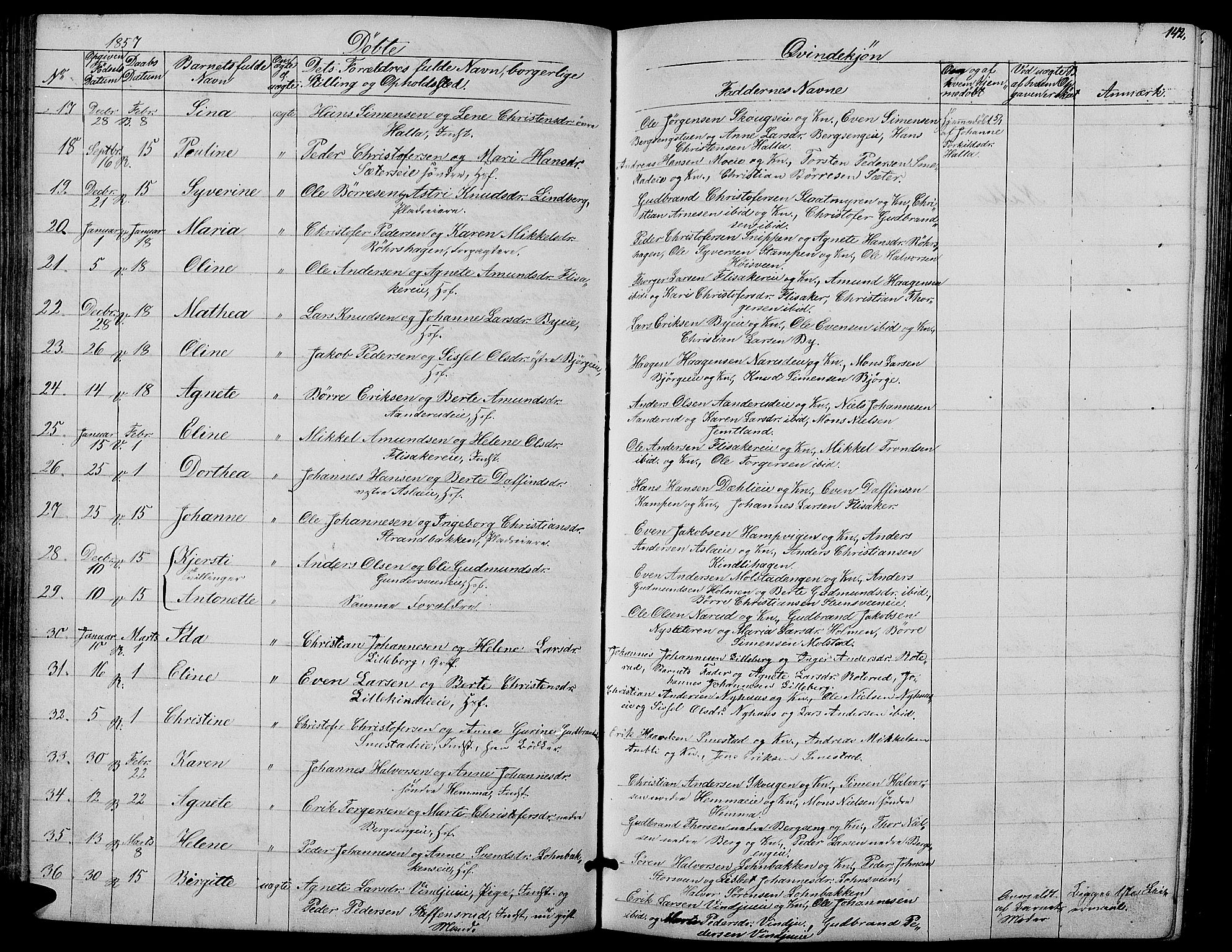 Ringsaker prestekontor, AV/SAH-PREST-014/L/La/L0006: Parish register (copy) no. 6, 1851-1860, p. 142