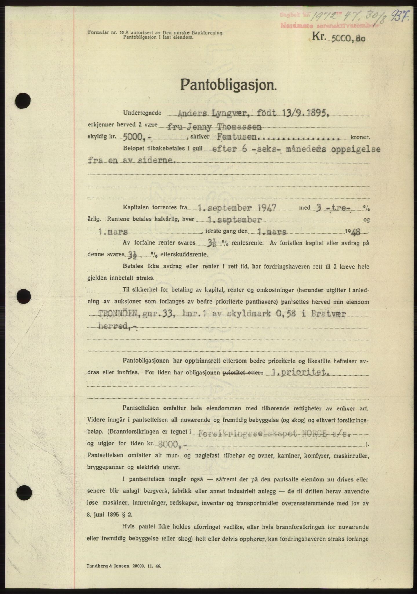 Nordmøre sorenskriveri, AV/SAT-A-4132/1/2/2Ca: Mortgage book no. B96, 1947-1947, Diary no: : 1972/1947