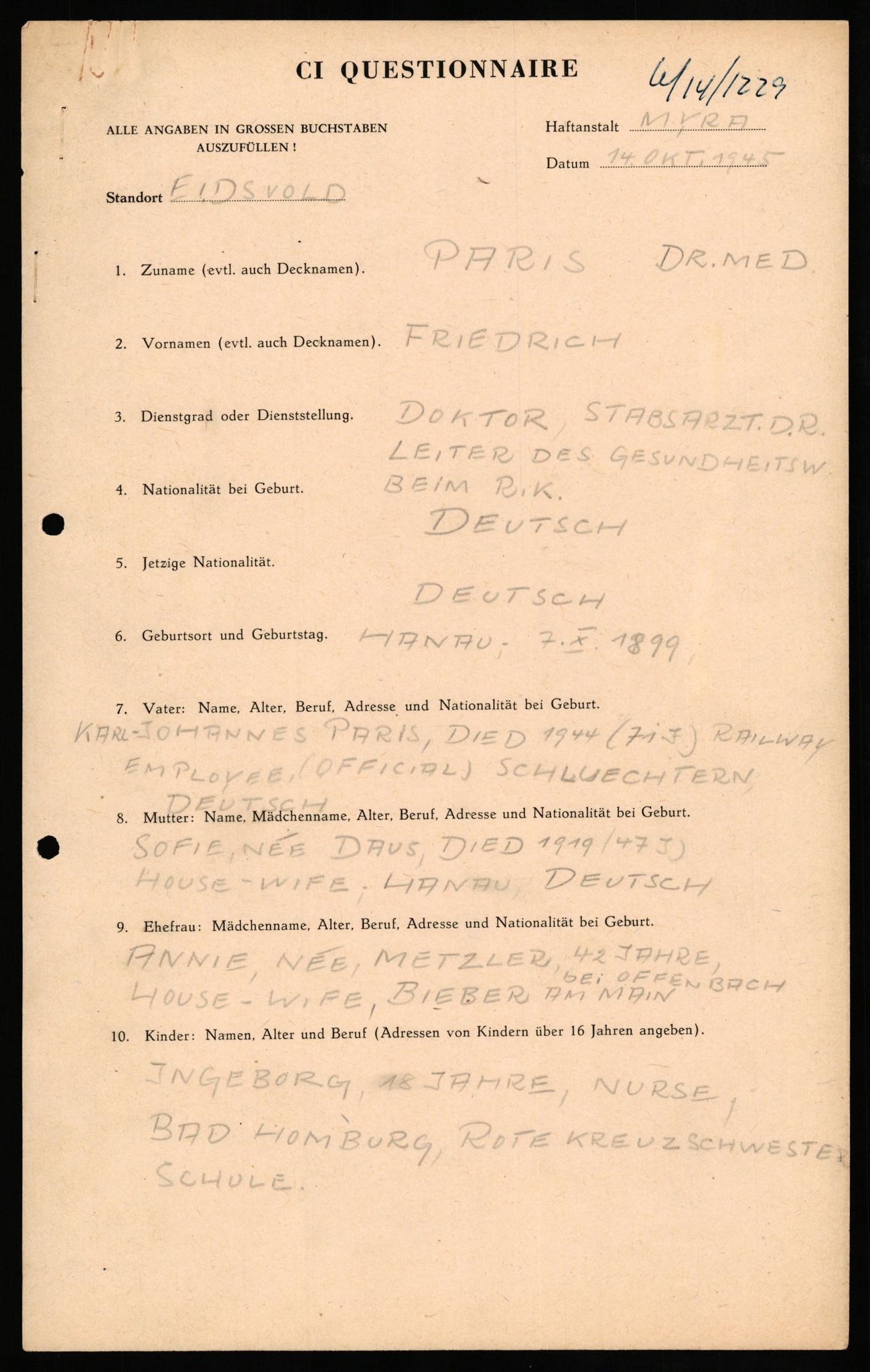 Forsvaret, Forsvarets overkommando II, AV/RA-RAFA-3915/D/Db/L0025: CI Questionaires. Tyske okkupasjonsstyrker i Norge. Tyskere., 1945-1946, p. 358