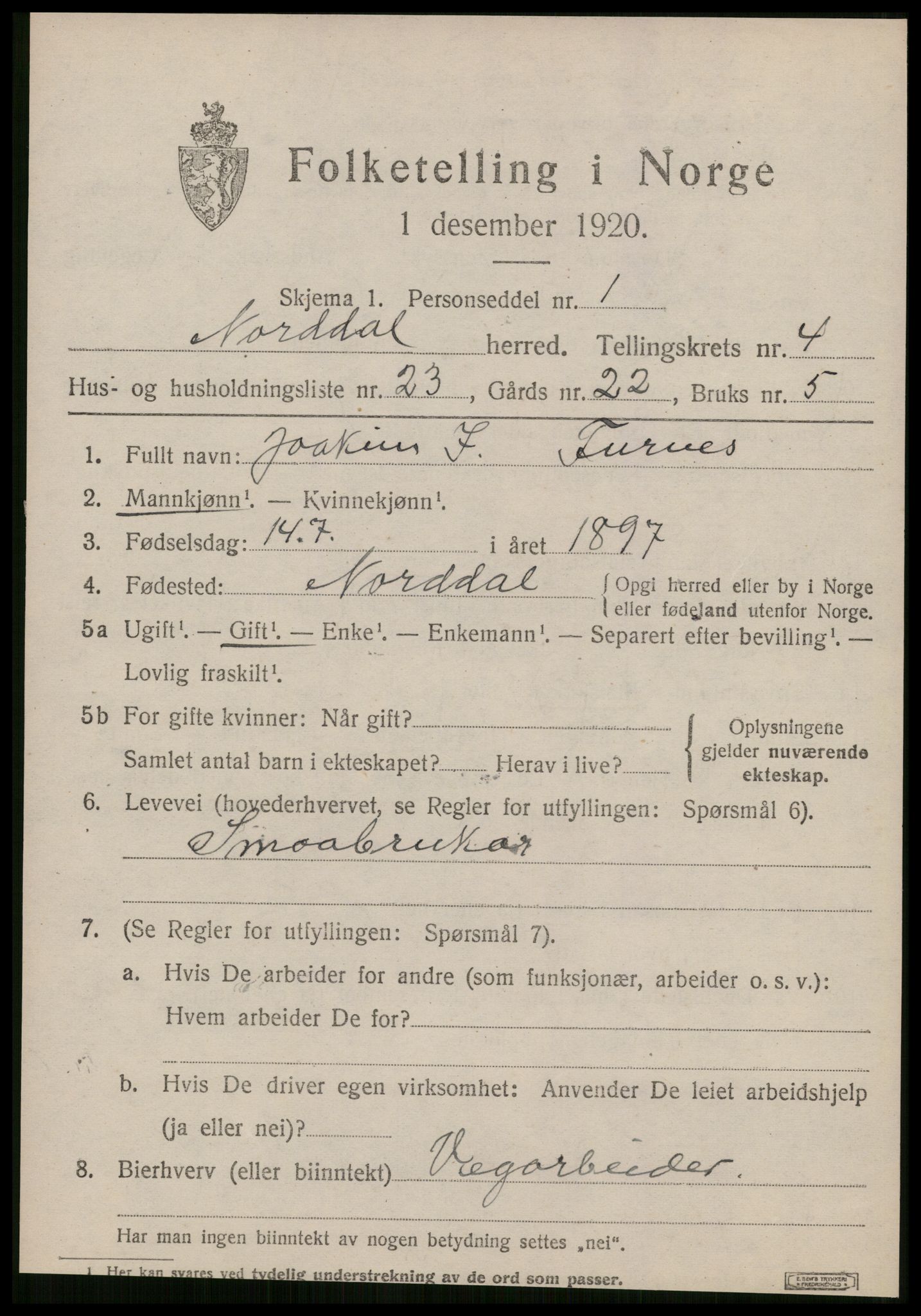 SAT, 1920 census for Norddal, 1920, p. 2795