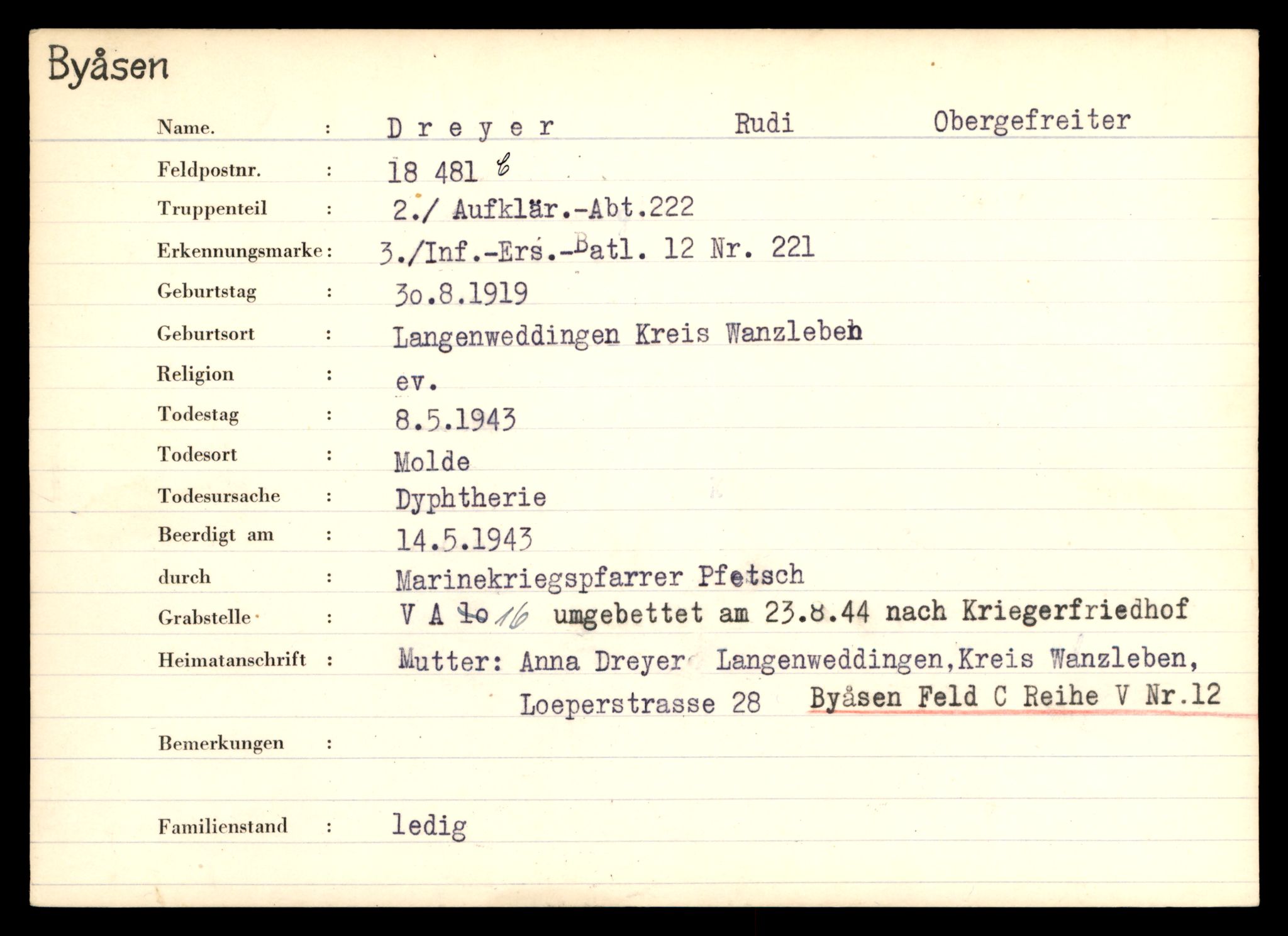 Distriktskontoret for krigsgraver, AV/SAT-A-5030/E/L0004: Kasett/kartotek over tysk Krigskirkegård på Byåsen, 1945, p. 319