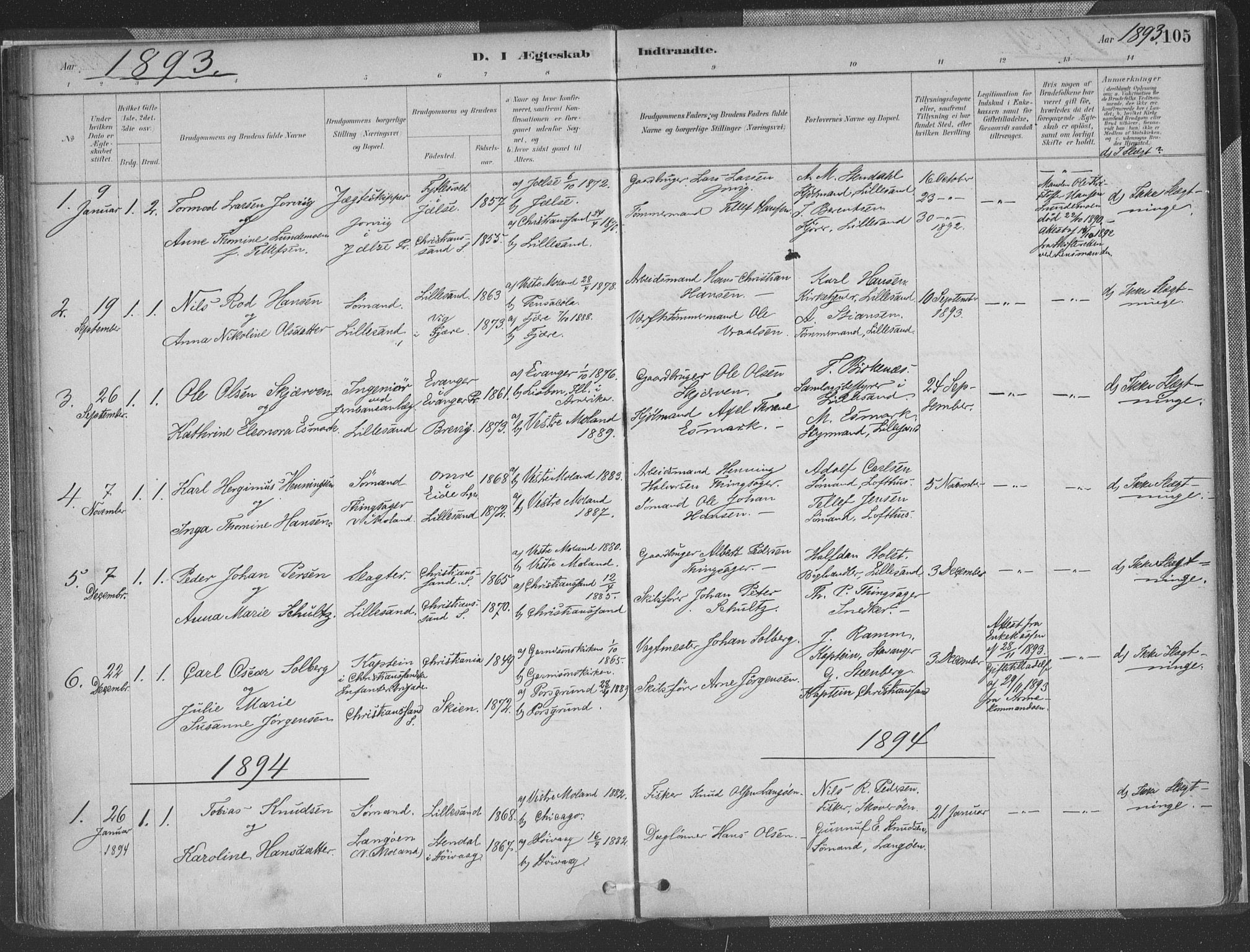 Vestre Moland sokneprestkontor, SAK/1111-0046/F/Fa/Faa/L0001: Parish register (official) no. A 1, 1884-1899, p. 105