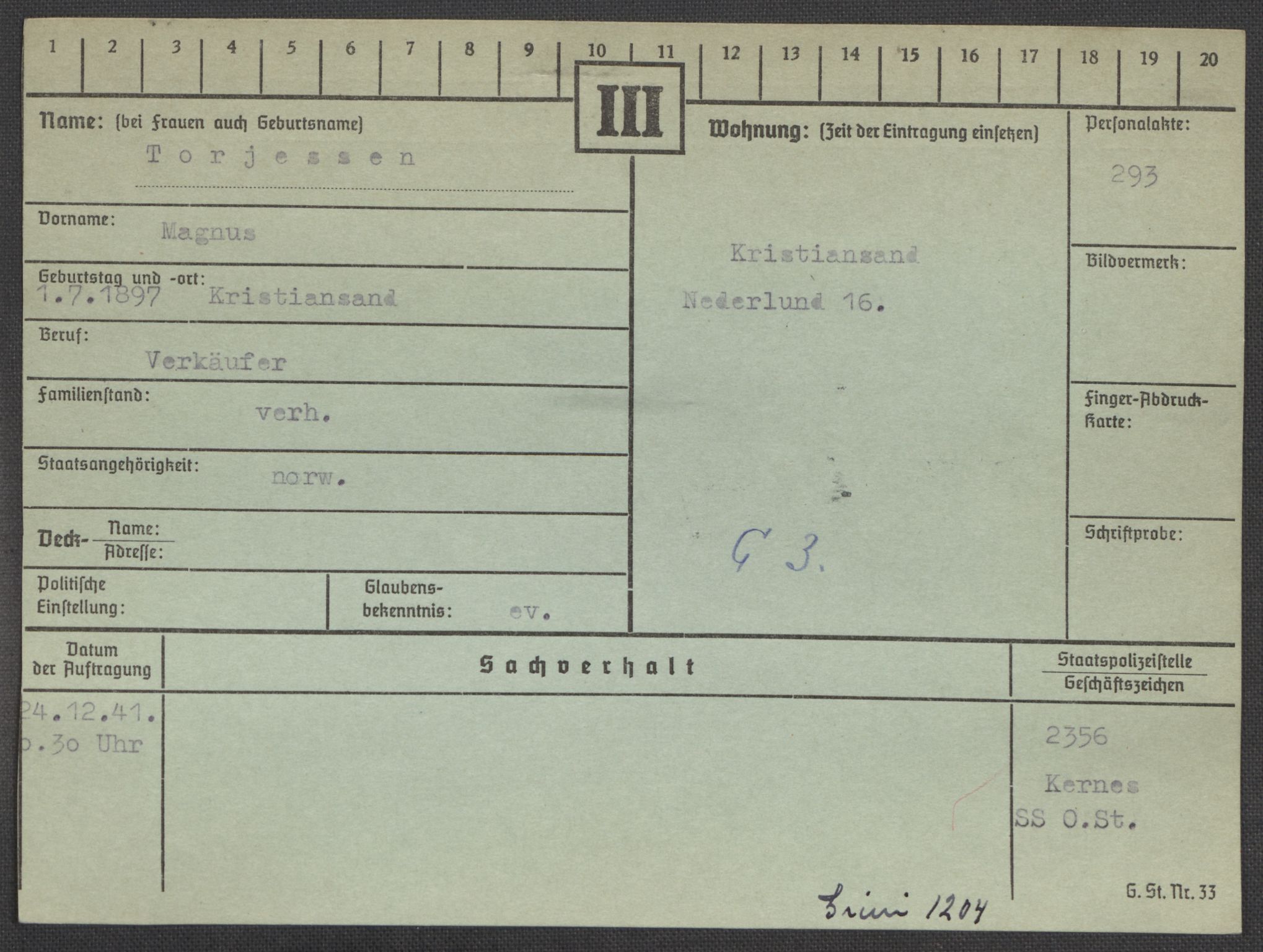 Befehlshaber der Sicherheitspolizei und des SD, AV/RA-RAFA-5969/E/Ea/Eaa/L0010: Register over norske fanger i Møllergata 19: Sø-Å, 1940-1945, p. 494