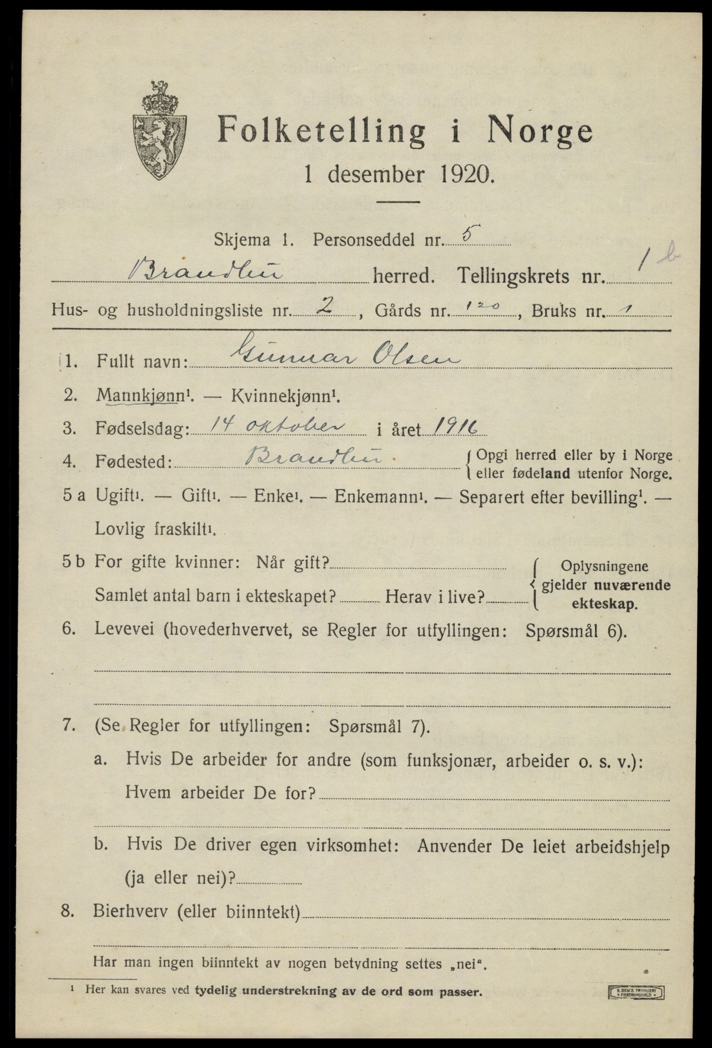 SAH, 1920 census for Brandbu, 1920, p. 3099