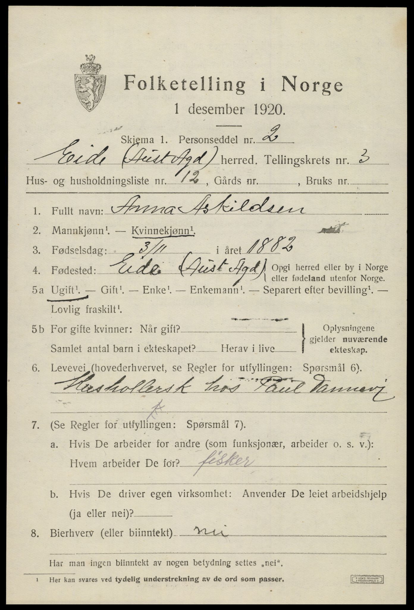 SAK, 1920 census for Eide, 1920, p. 1032