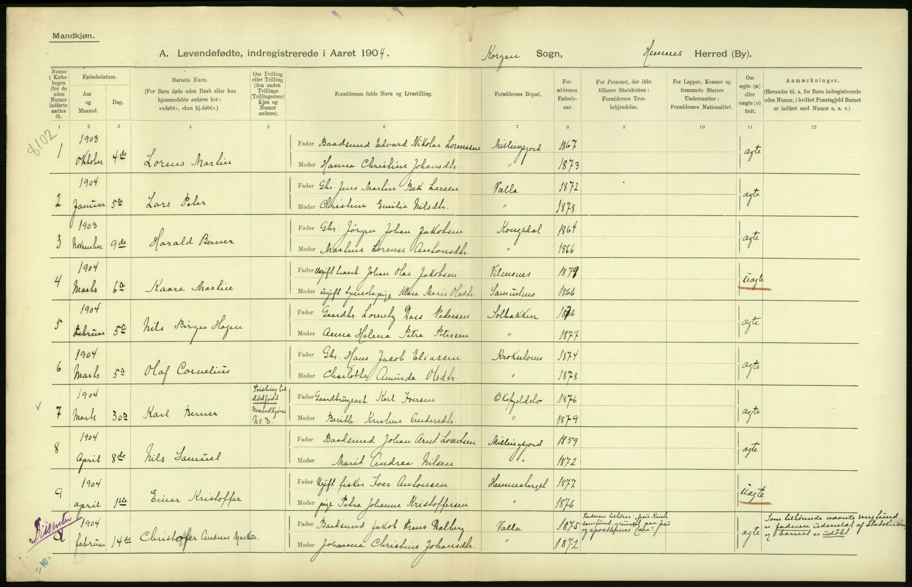 Statistisk sentralbyrå, Sosiodemografiske emner, Befolkning, AV/RA-S-2228/D/Df/Dfa/Dfab/L0020: Nordlands amt: Fødte. Bygder, 1904, p. 18