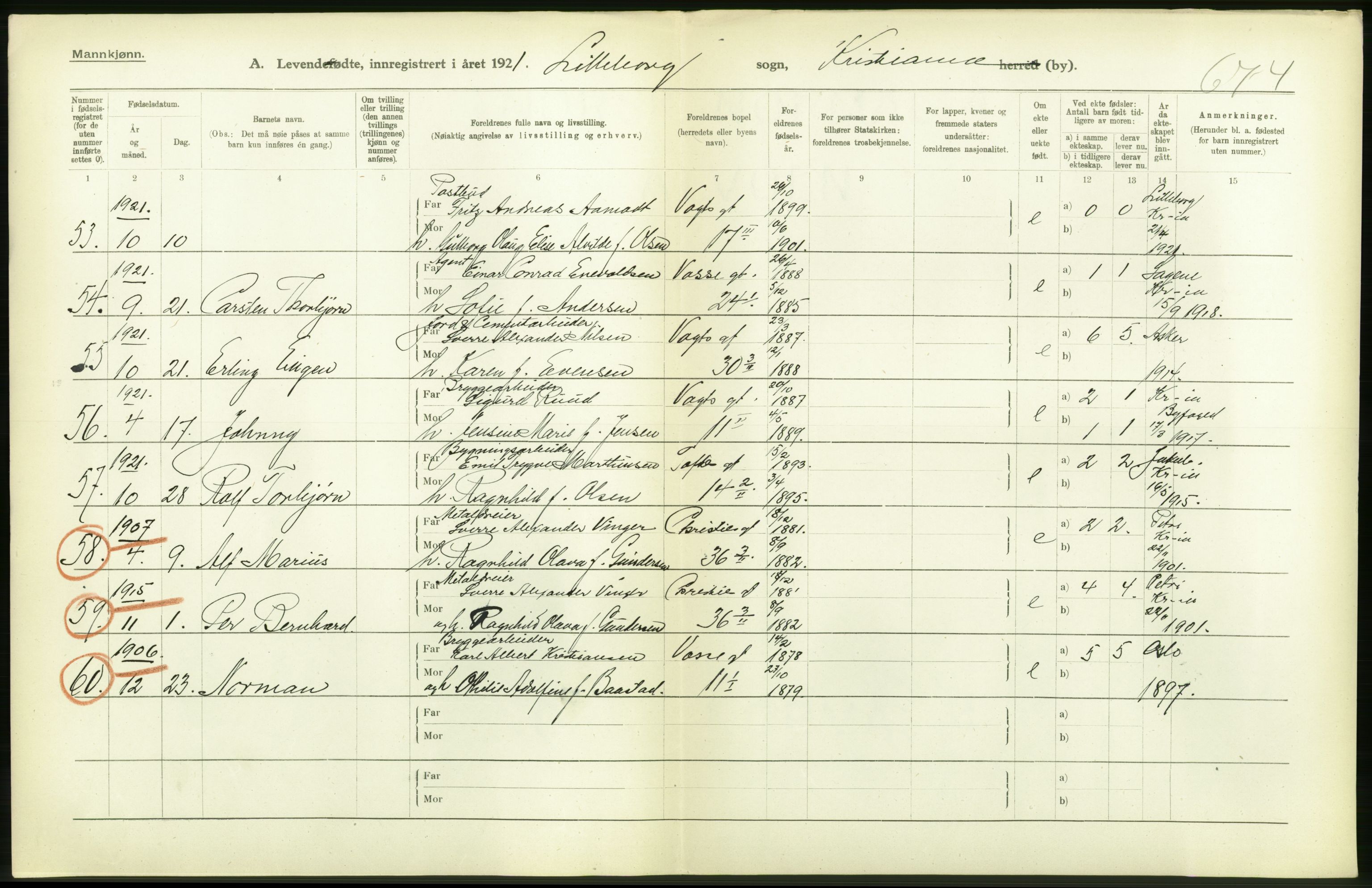 Statistisk sentralbyrå, Sosiodemografiske emner, Befolkning, AV/RA-S-2228/D/Df/Dfc/Dfca/L0008: Kristiania: Levendefødte menn og kvinner., 1921, p. 22