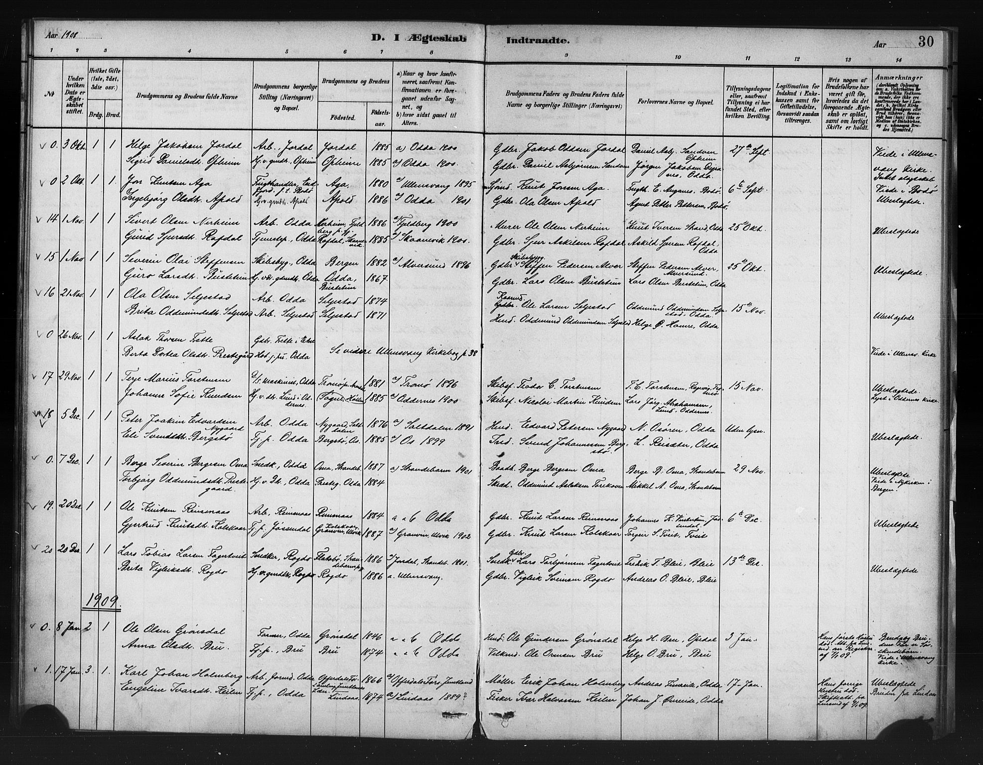 Odda Sokneprestembete, SAB/A-77201/H/Haa: Parish register (official) no. A 1, 1883-1919, p. 30
