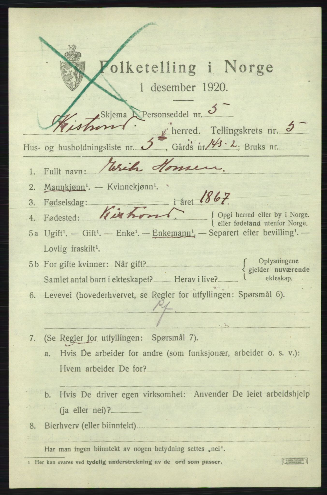 SATØ, 1920 census for Kistrand, 1920, p. 3124