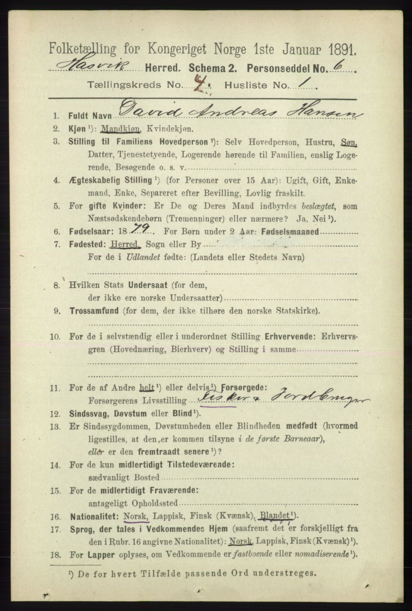 RA, 1891 census for 2015 Hasvik, 1891, p. 494