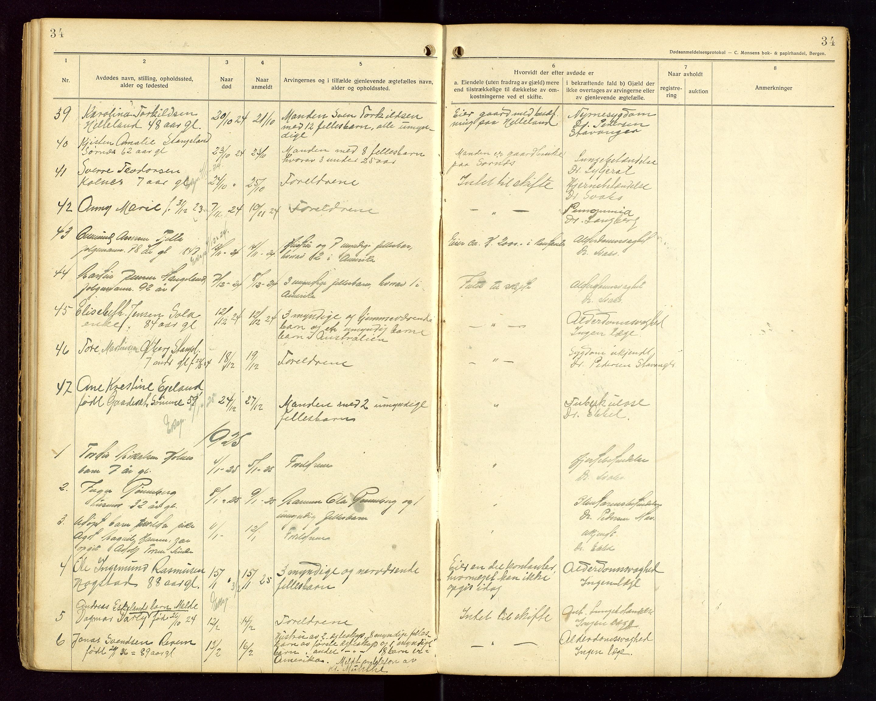 Håland lensmannskontor, AV/SAST-A-100100/Gga/L0002: "Dødsanmeldelser fra 6/9 1916 til 1926 i Haaland", 1916-1926, p. 34