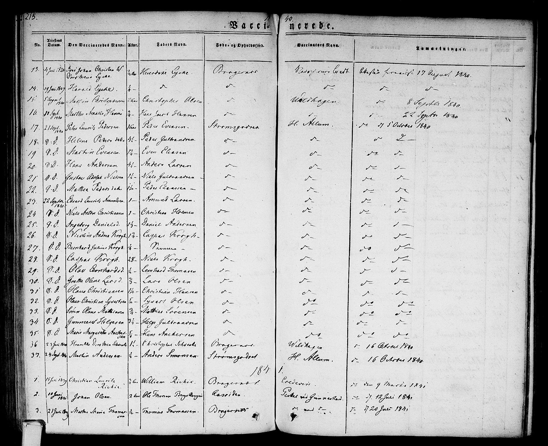 Bragernes kirkebøker, SAKO/A-6/F/Fc/L0001: Parish register (official) no. III 1, 1830-1853, p. 215