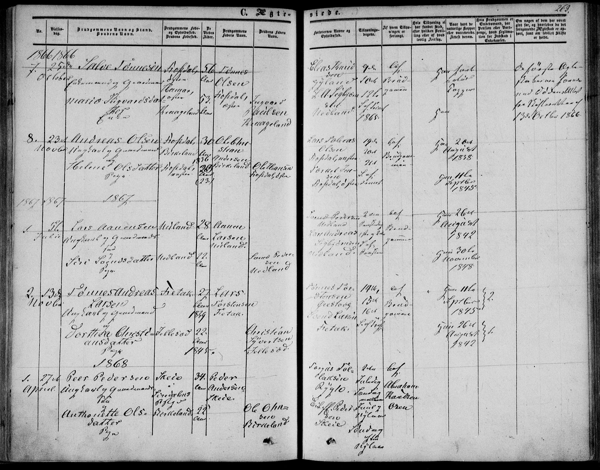 Bakke sokneprestkontor, SAK/1111-0002/F/Fa/Fab/L0002: Parish register (official) no. A 2, 1855-1884, p. 263