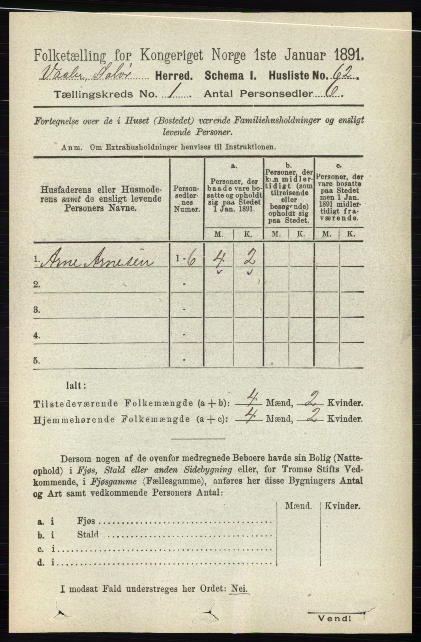 RA, 1891 census for 0426 Våler, 1891, p. 87