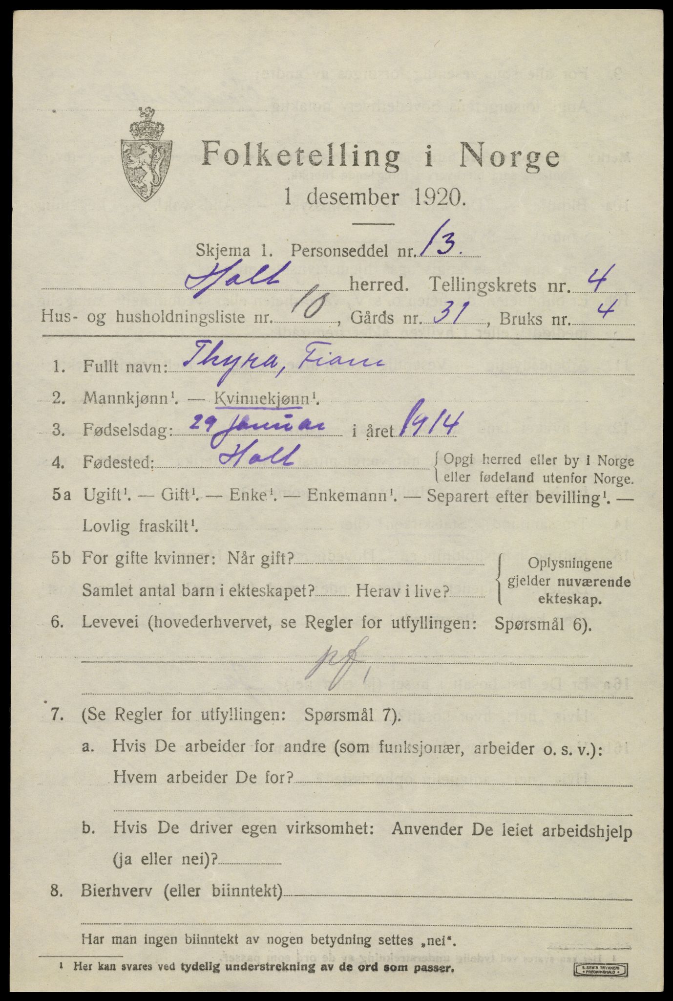 SAK, 1920 census for Holt, 1920, p. 3016