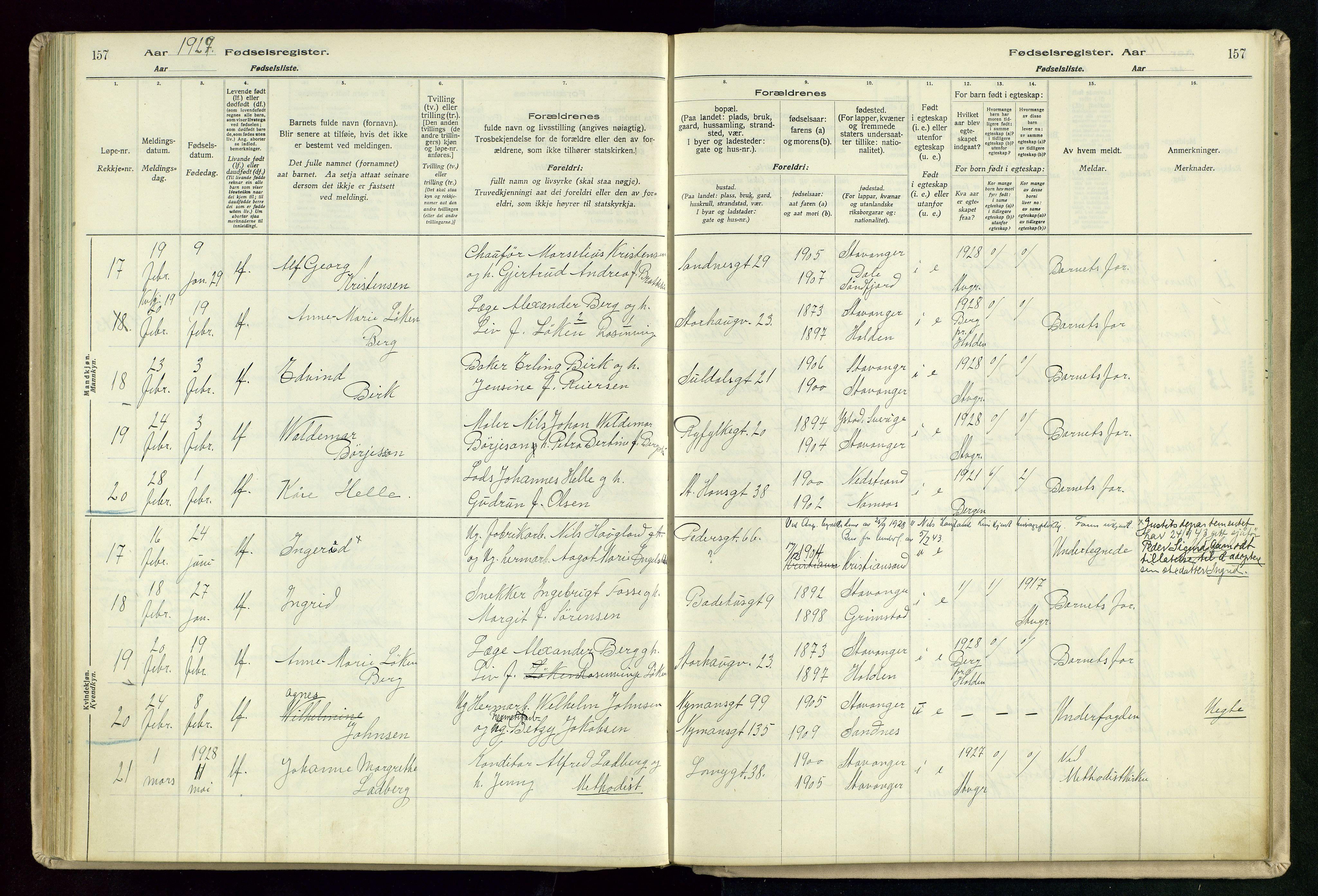 St. Johannes sokneprestkontor, AV/SAST-A-101814/002/A/L0003: Birth register no. 3, 1924-1930, p. 157