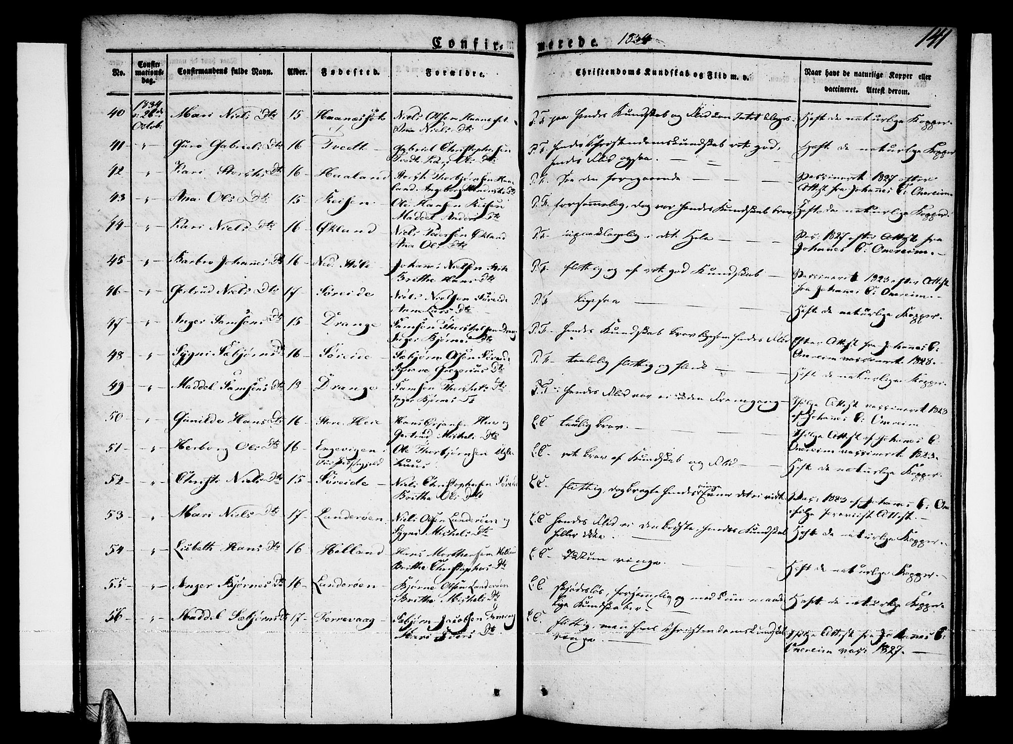 Tysnes sokneprestembete, SAB/A-78601/H/Haa: Parish register (official) no. A 8, 1826-1837, p. 141