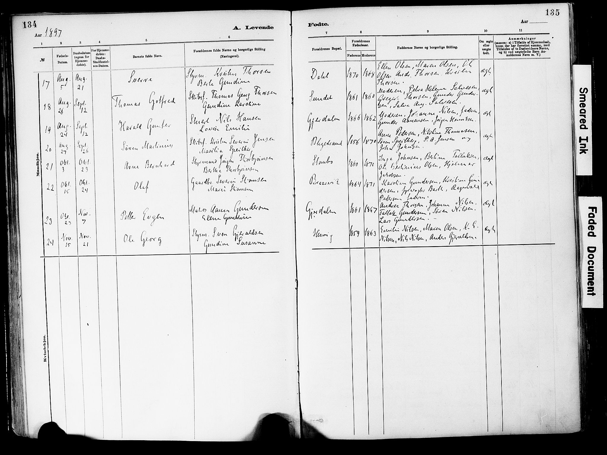 Dypvåg sokneprestkontor, SAK/1111-0007/F/Fa/Fab/L0001: Parish register (official) no. A 1, 1885-1912, p. 134-135