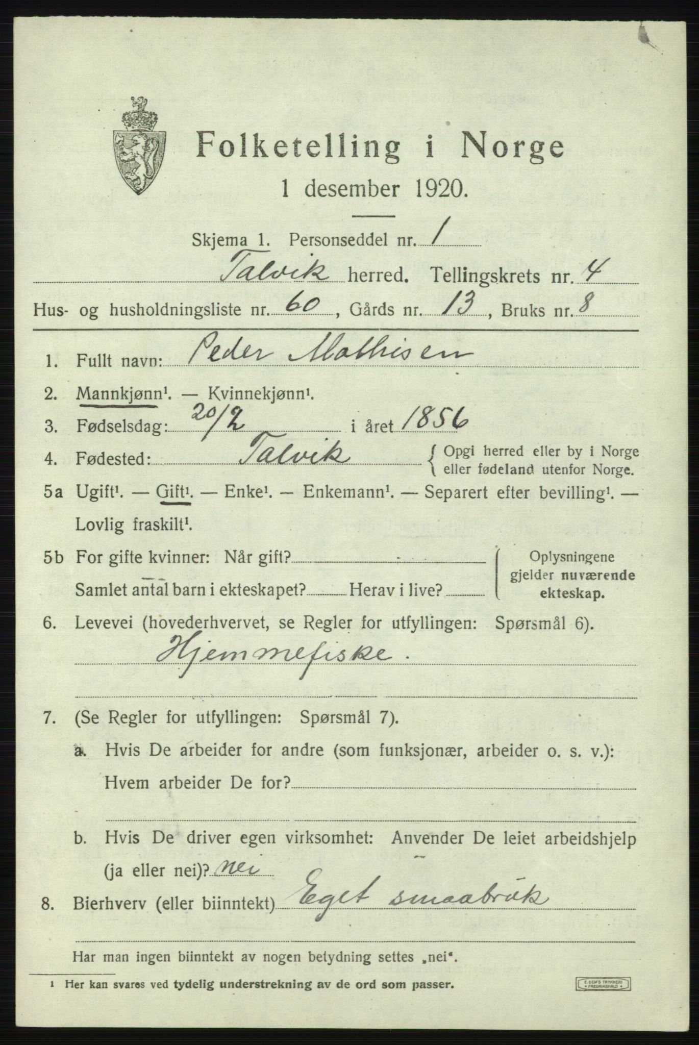 SATØ, 1920 census for Talvik, 1920, p. 3264