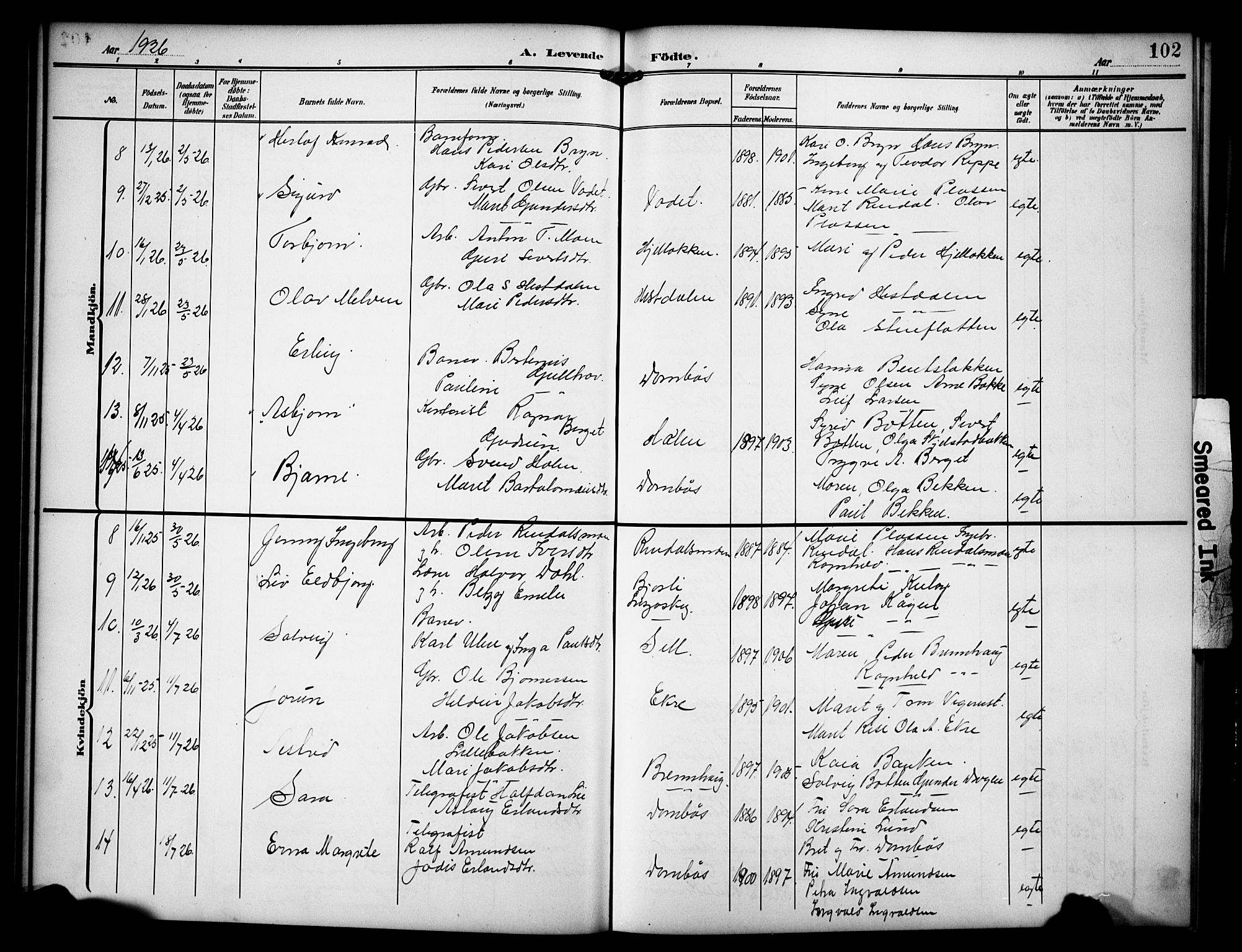 Dovre prestekontor, AV/SAH-PREST-066/H/Ha/Hab/L0003: Parish register (copy) no. 3, 1907-1929, p. 102